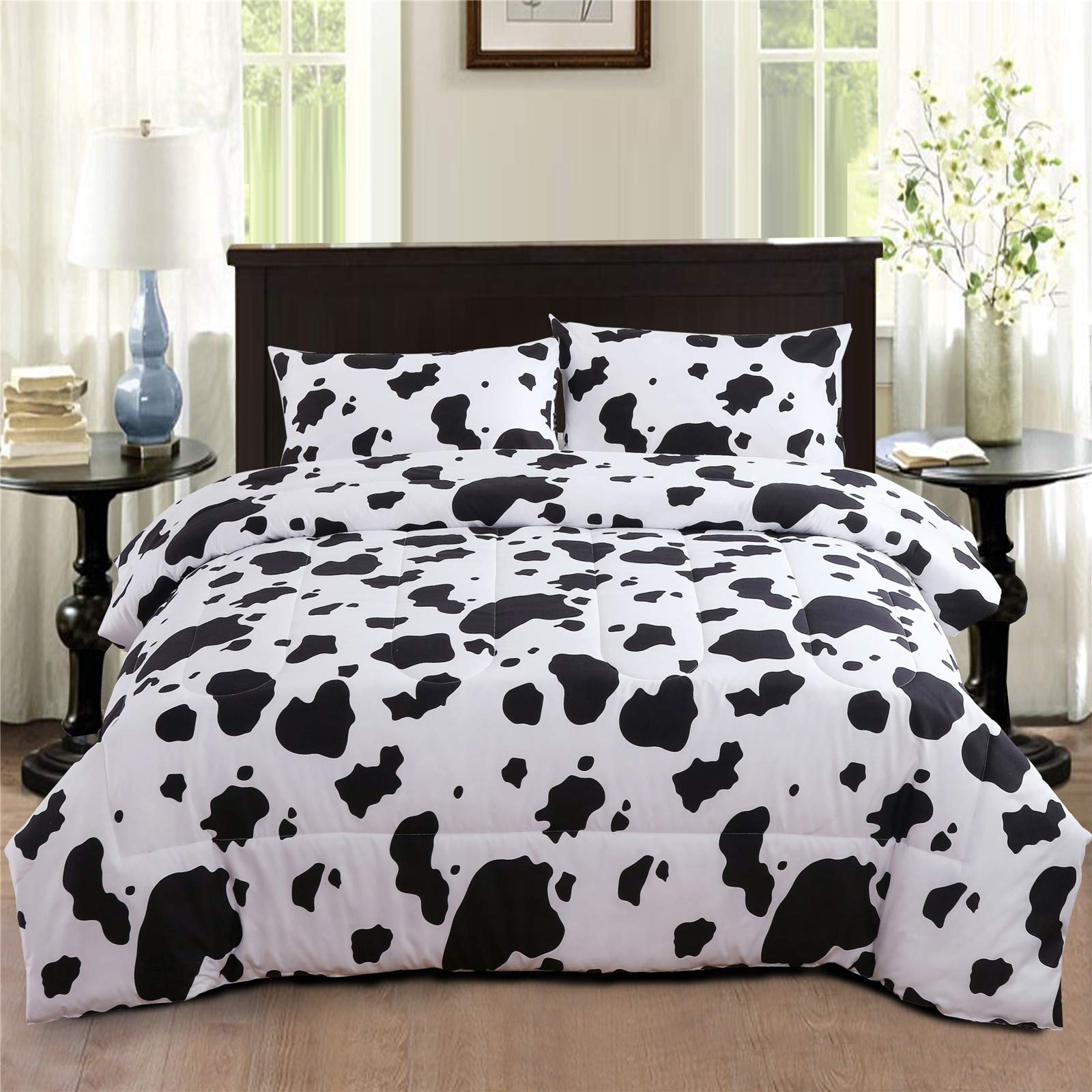 PERFEMET Cow Print Bedding Comforter Set Queen Size Black and White Reversible Geometric Checkered Bedding Set for Kids Teens Bo