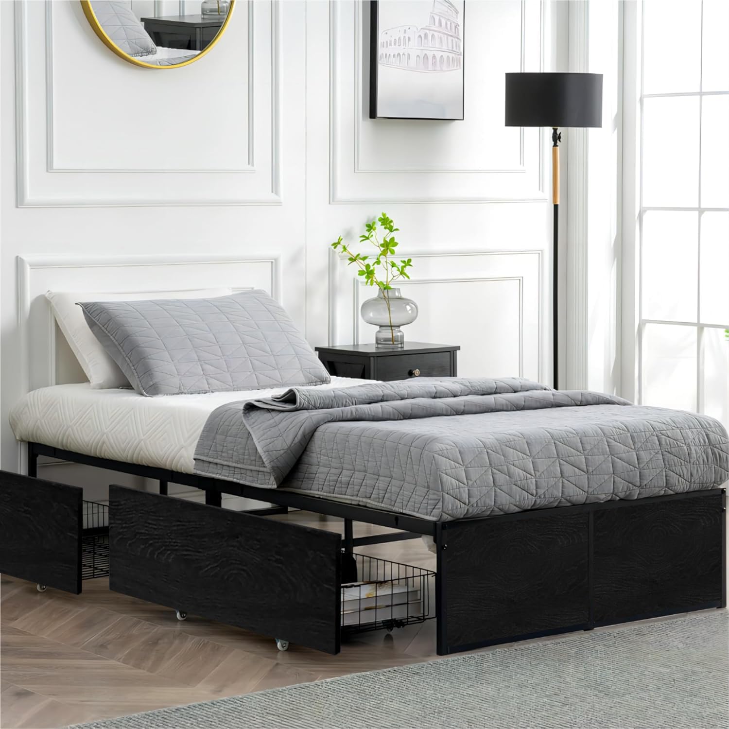 GAZHOME Twin XL Bed Frame with 2 XL Storage Drawers, Metal Platform Bed Frame with Footboard, 9 Strong Metal Slat Support/No Box