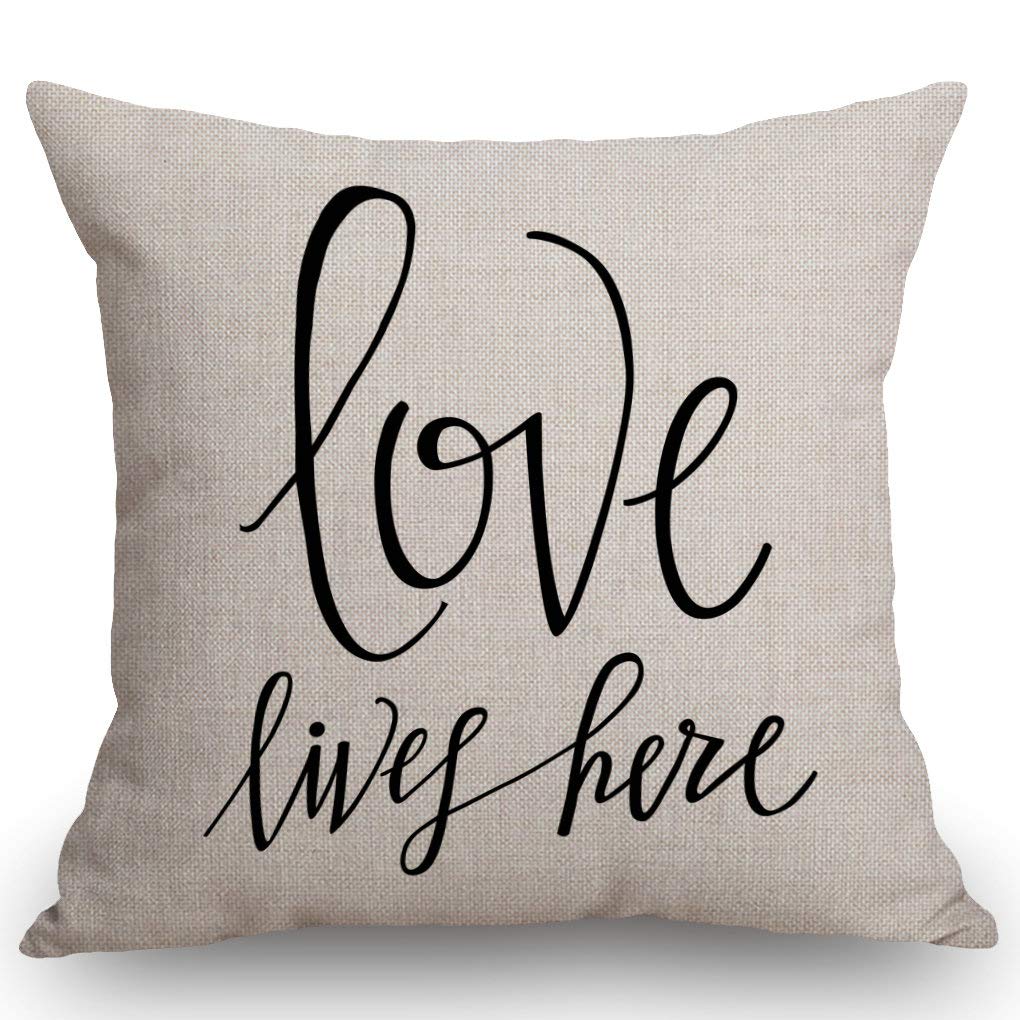 SSOIU Love Lives Here Decorative Throw Pillow Covers Cotton Linen Farmhouse Cushion Cover 18x18 Inches for Home Couch Sofa Bench
