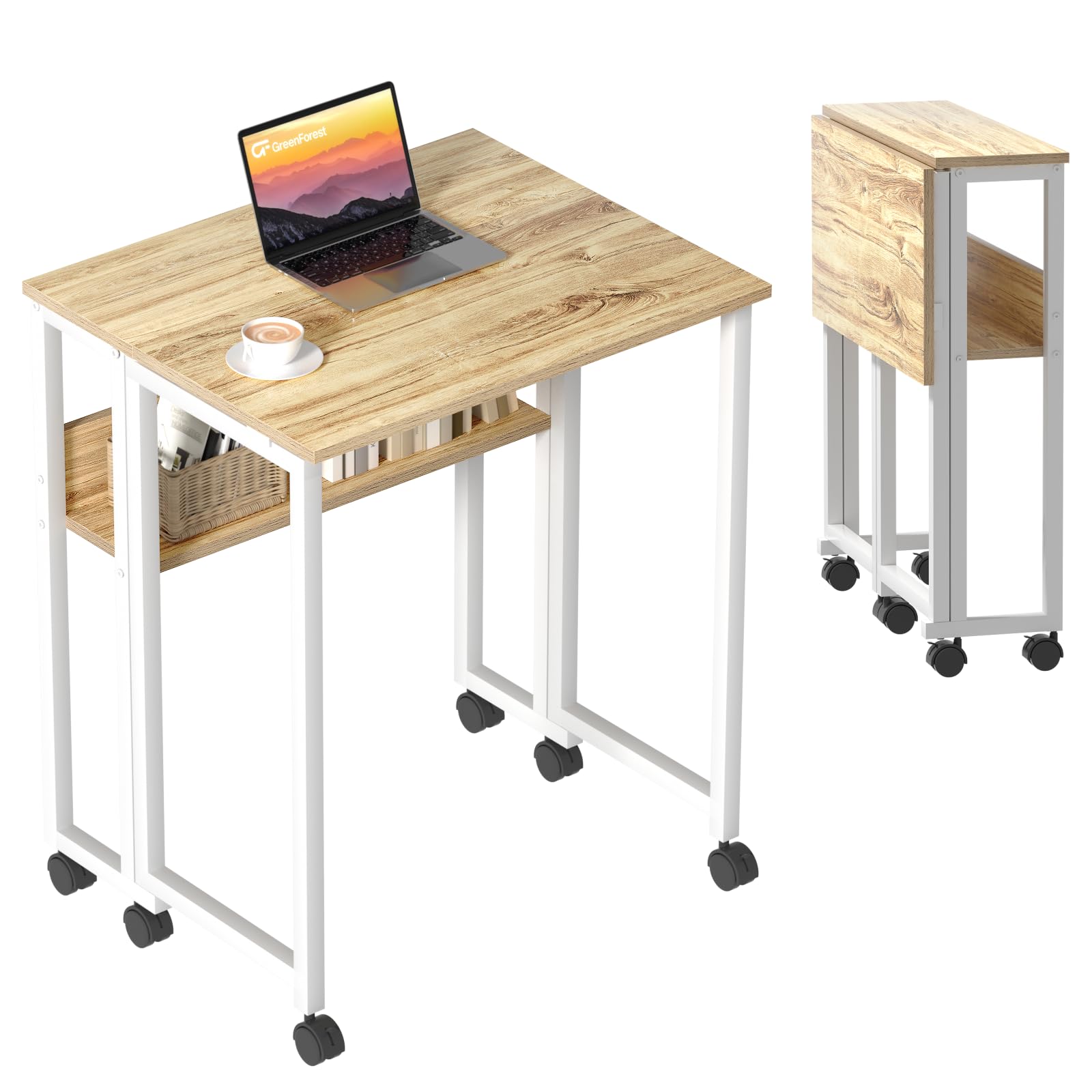 GreenForest Folding Desk Small Rolling Desk with Storage Shelf,24.8 inch Foldable Computer Desk with Wheels for Small Space,Easy
