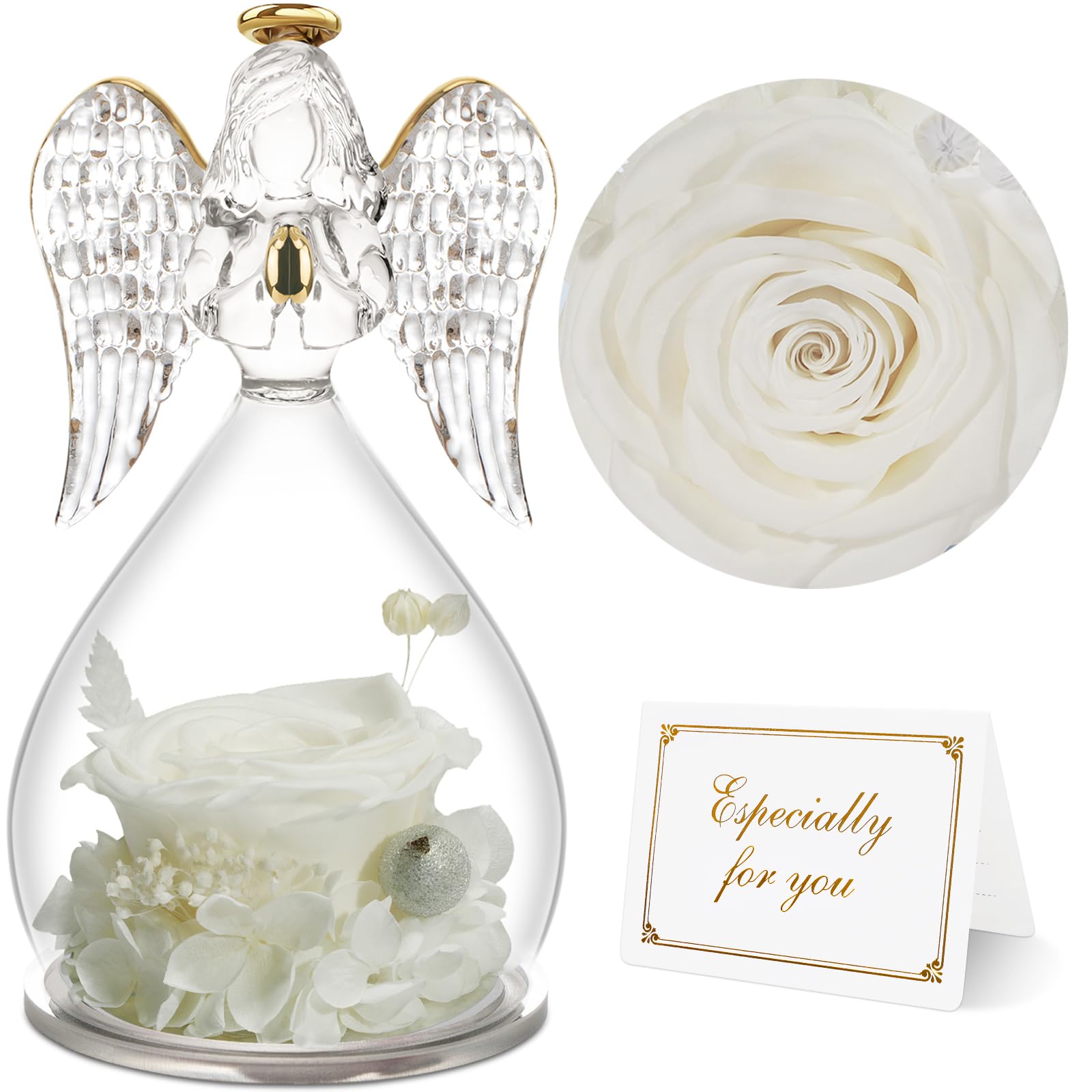 Yamonic Birthday Gifts for Women, Angel Figurines with Real Rose Gifts for Her Mom Grandma,Preserved Flowers Rose Angel Figurine