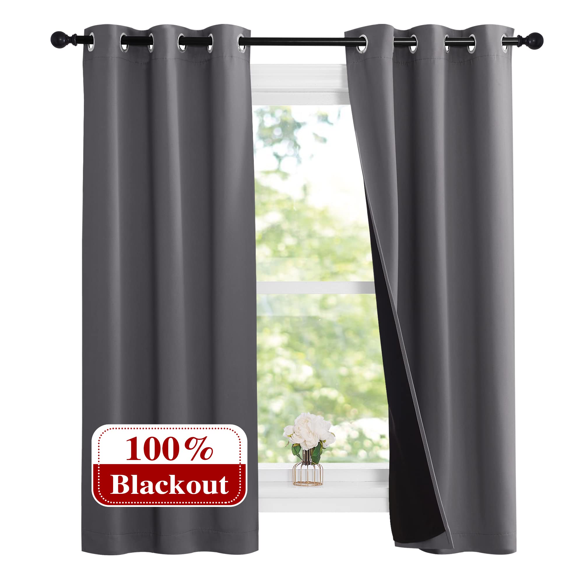NICETOWN 100% Blackout Short Curtains with Black Liners, Solid Thermal Insulated Full Blackout 2-Layer Lined Drapes, Energy Effi