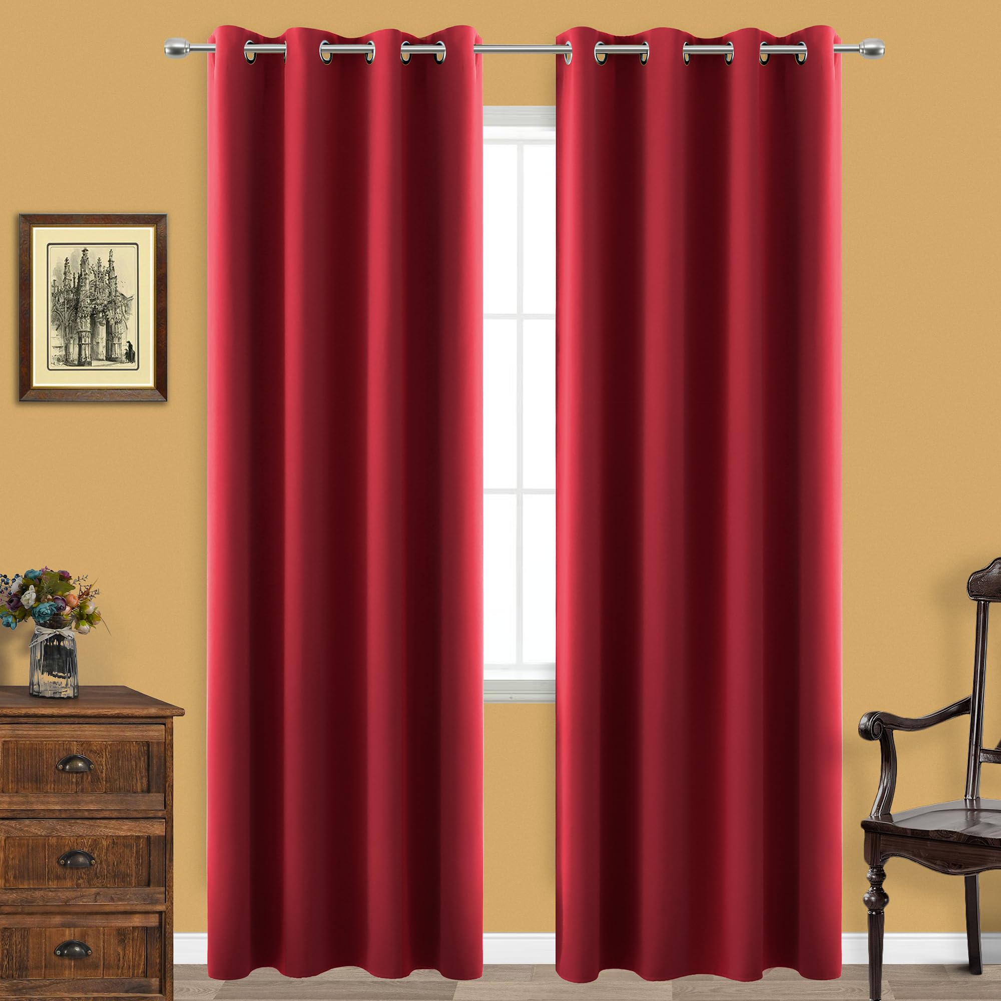 KOUFALL Red Blackout Curtain Drapes for Living Room,96 Inches Long Thermal Insulated Holiday Christmas Curtains for Dining Room 