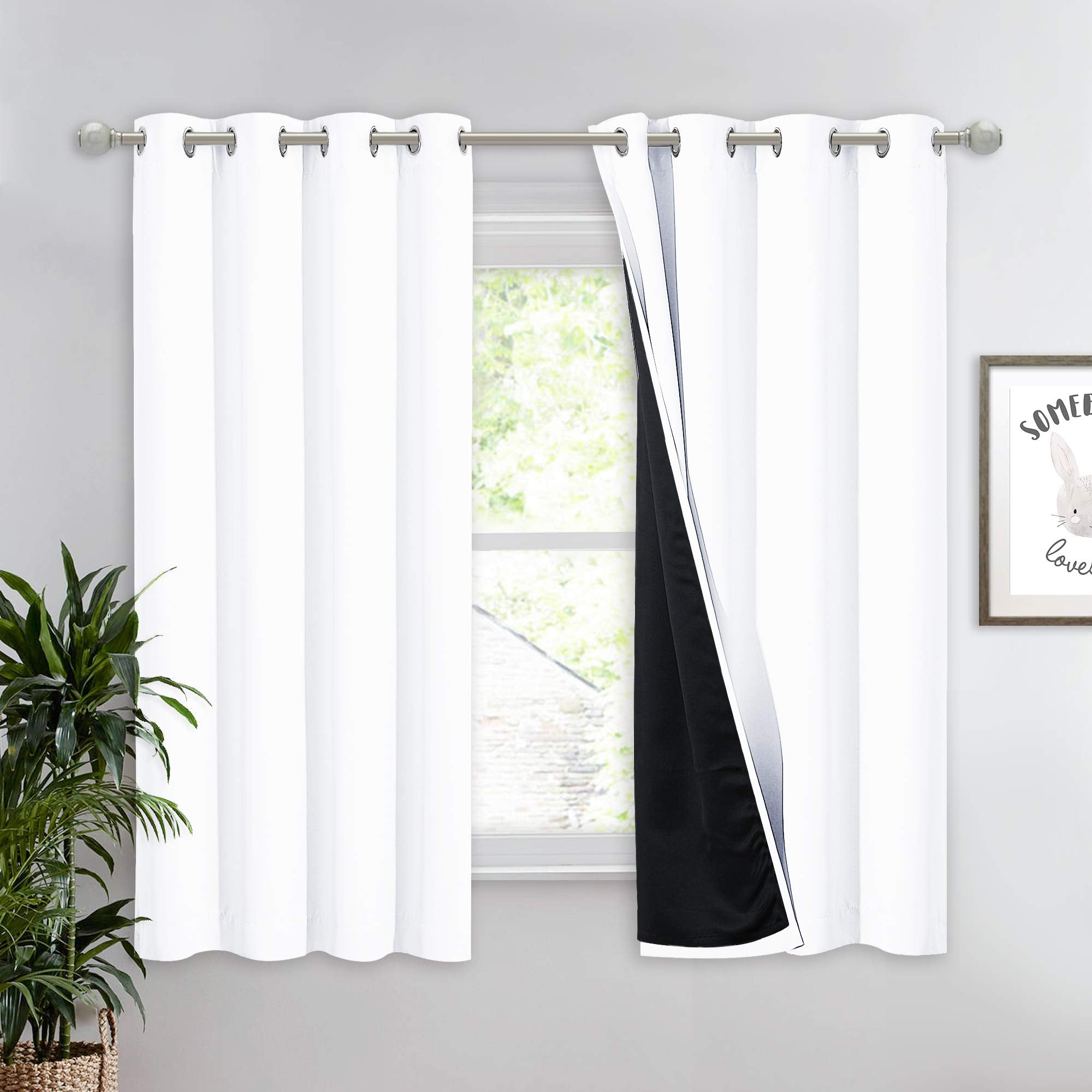 NICETOWN White 100% Blackout Lined Curtain, 2 Thick Layers Completely Blackout Window Treatment Thermal Insulated Drape for Kitc