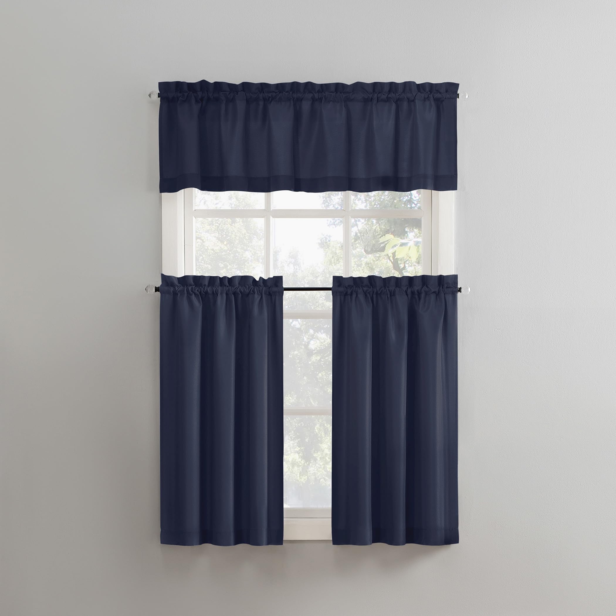 No. 918 Martine Microfiber Semi-Sheer Rod Pocket Kitchen Curtain Valance and Tiers Set, 54 x 36, Navy Blue