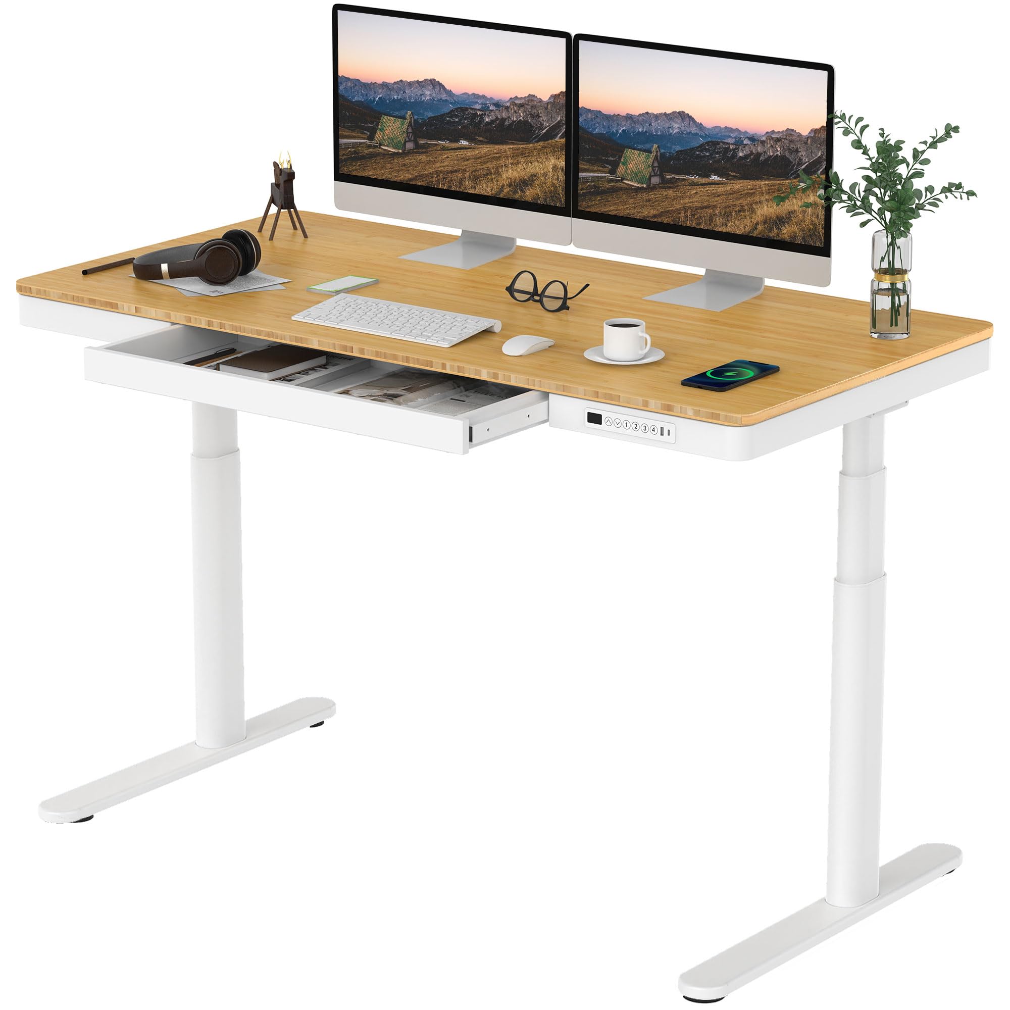 SANODESK Standing Desk with Drawer,Dual Motor 3 Stage Electric Height Adjustable Home Office Desk with Storage & Wireless Chargi