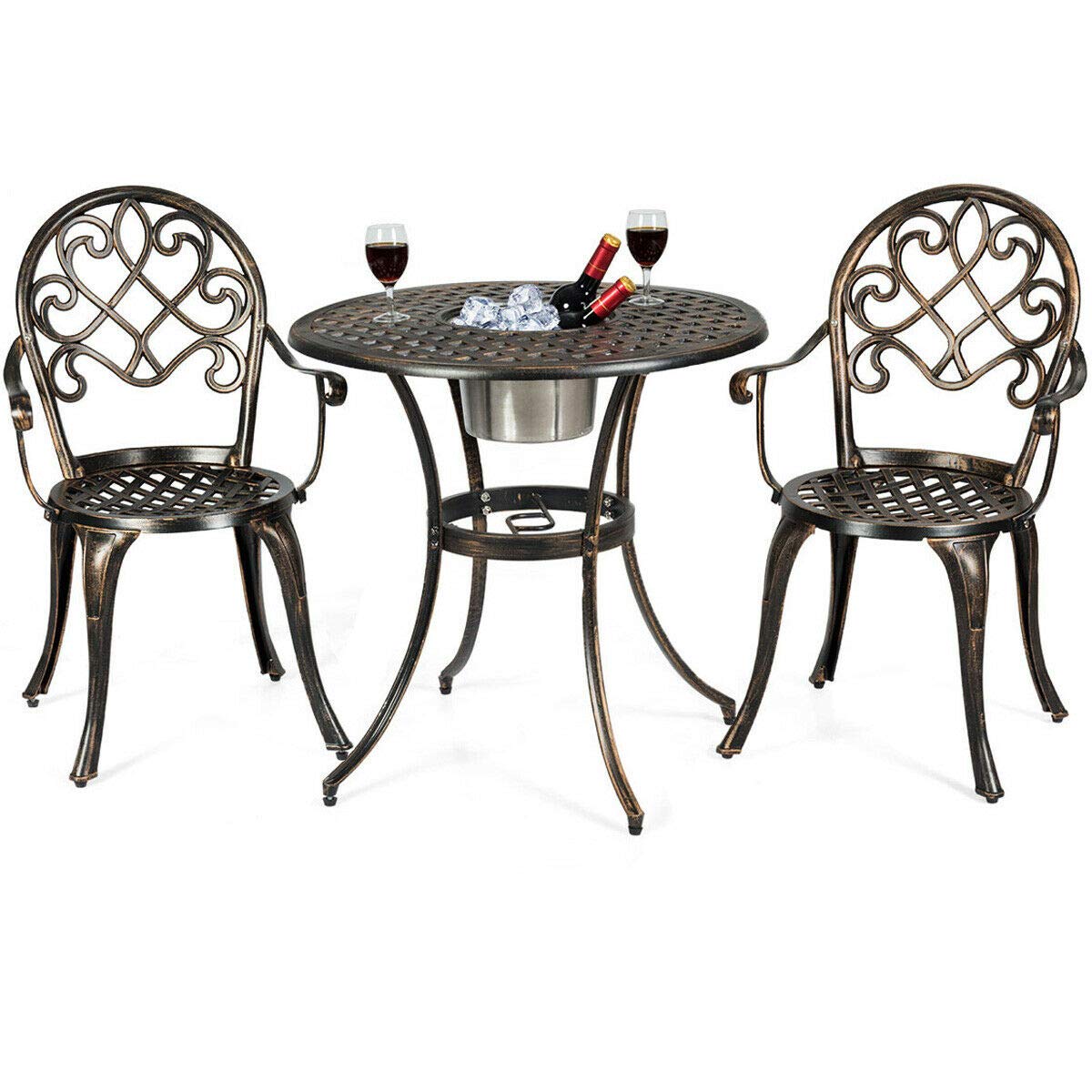 Giantex 3pcs Bistro Table Set Cast Aluminum Outdoor Patio Furniture Set Round Table W/Removable Ice Bucket, 2 Chairs Antique Gar