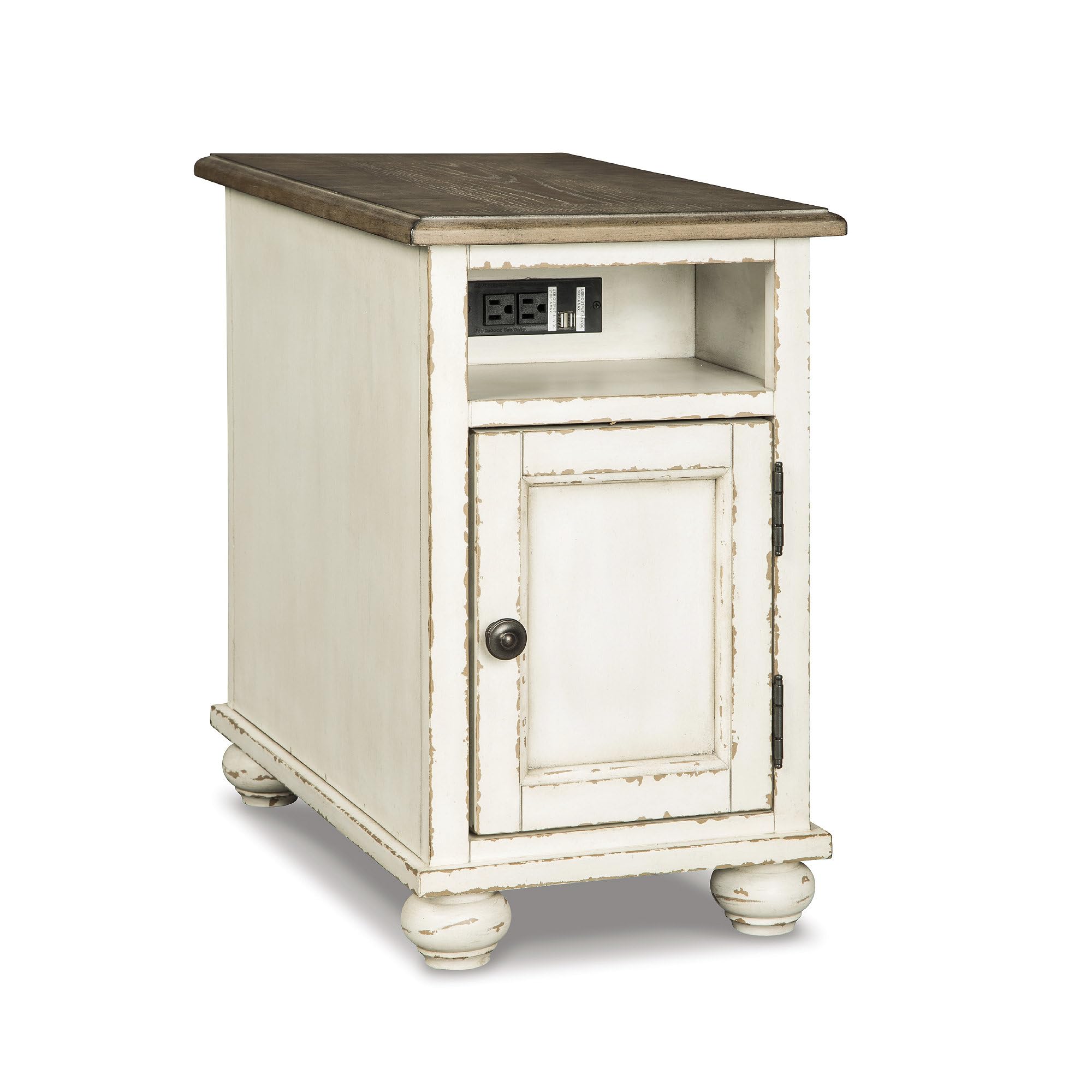 Signature Design by Ashley Realyn French Country Chair Side End Table with Outlets & USB Ports, Cream