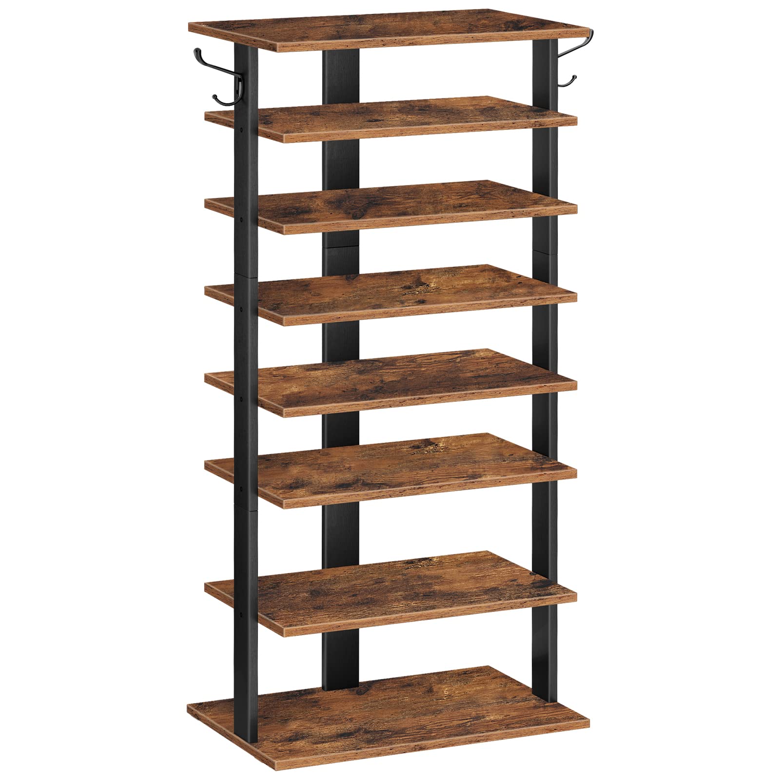 HOOBRO Vertical Shoe Rack, 8 Tier Wooden Shoe Storage Organizer with Hooks, Narrow Shoe Tower for 16 Pairs, Space Saving, for En