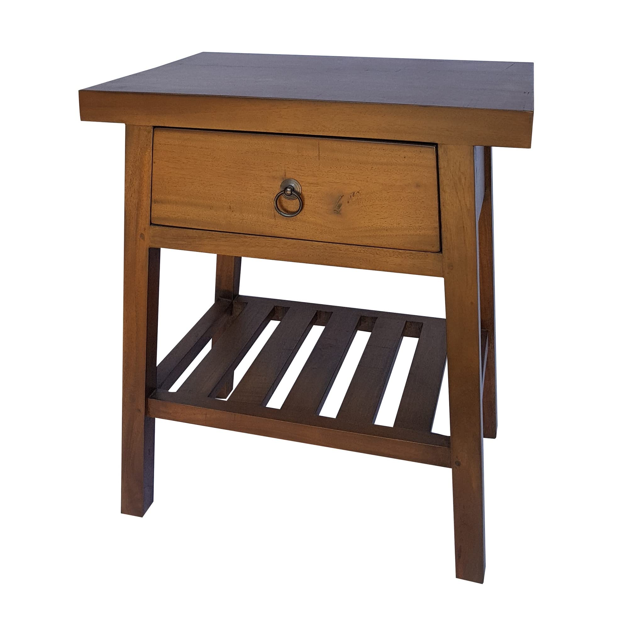 Benjara 26 Inch Side Table, Classic Look, Drawer, Slatted Shelf, Brown