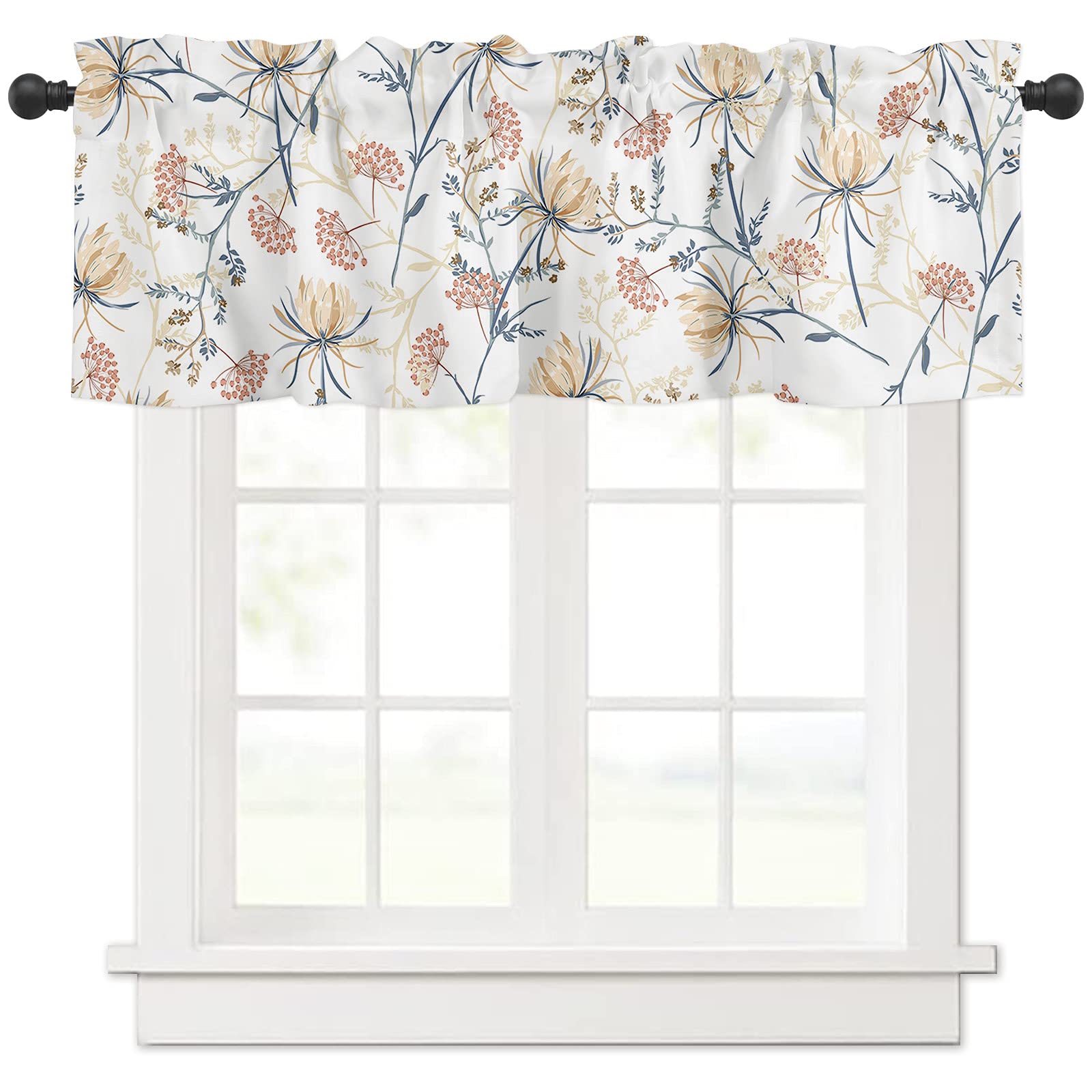 YOKOU Curtain Valance, Spring Flower Print Leaves Minimalist Art Short Rod Pocket Window Treatment for Living Room, Bedroom, Kit