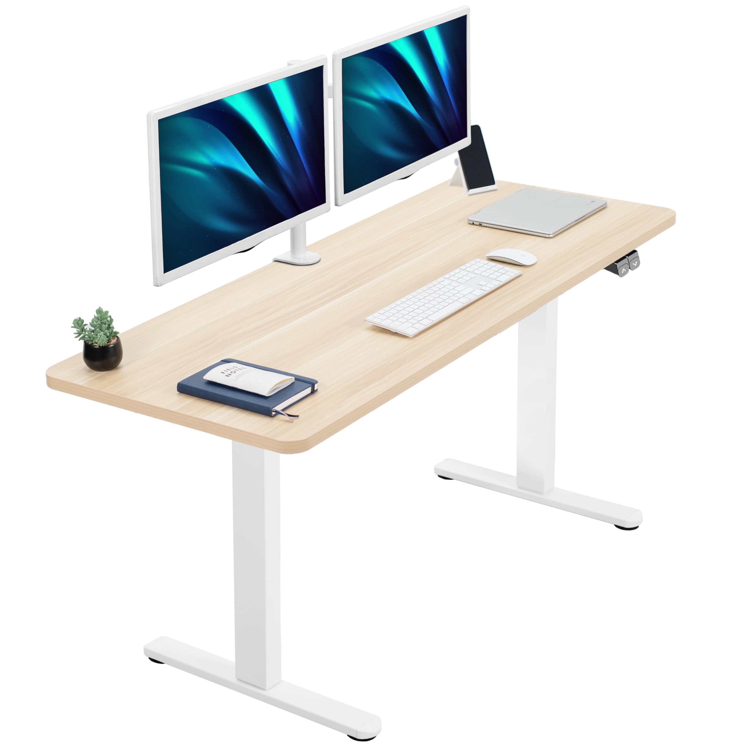 VIVO 60-inch Electric Height Adjustable 60 x 24 inch Stand Up Desk, Light Wood Solid One-Piece Table Top, White Frame, Home & Of