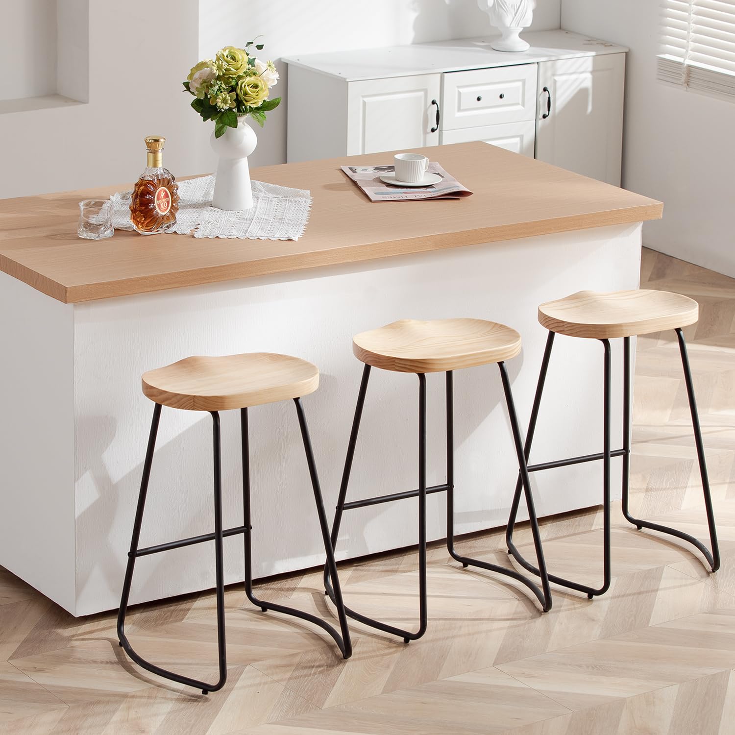 HeuGah Counter Height Bar Stools Set of 3, Solid Wood Bar Stool for Kitchen Island 26 Barstool with Metal Leg Rustic Backless Sa