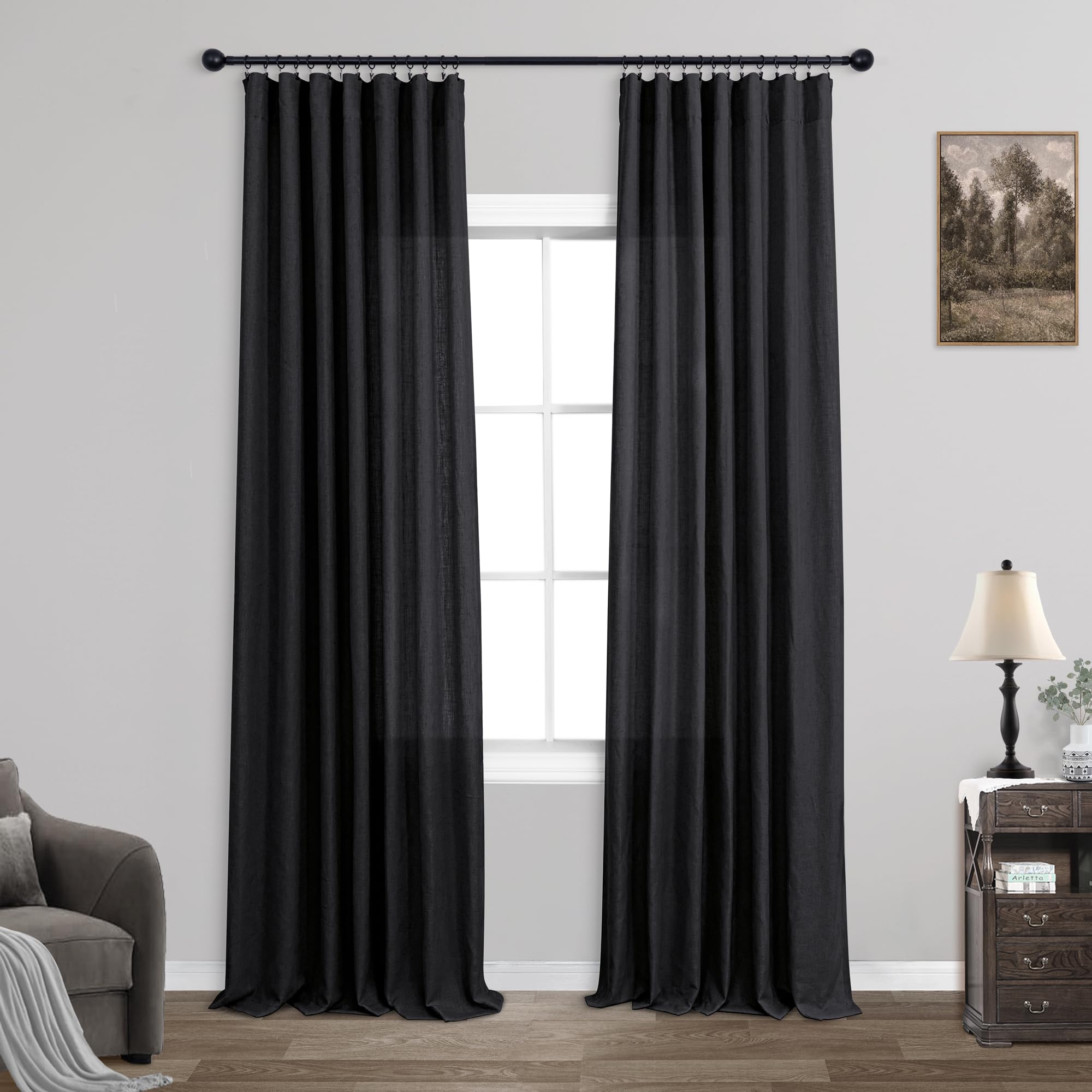 KOUFALL Black Curtains 96 Inches Long,Sheer Lace Boho Canopy Bed Linen Curtains for Living Room 96 Inch Length