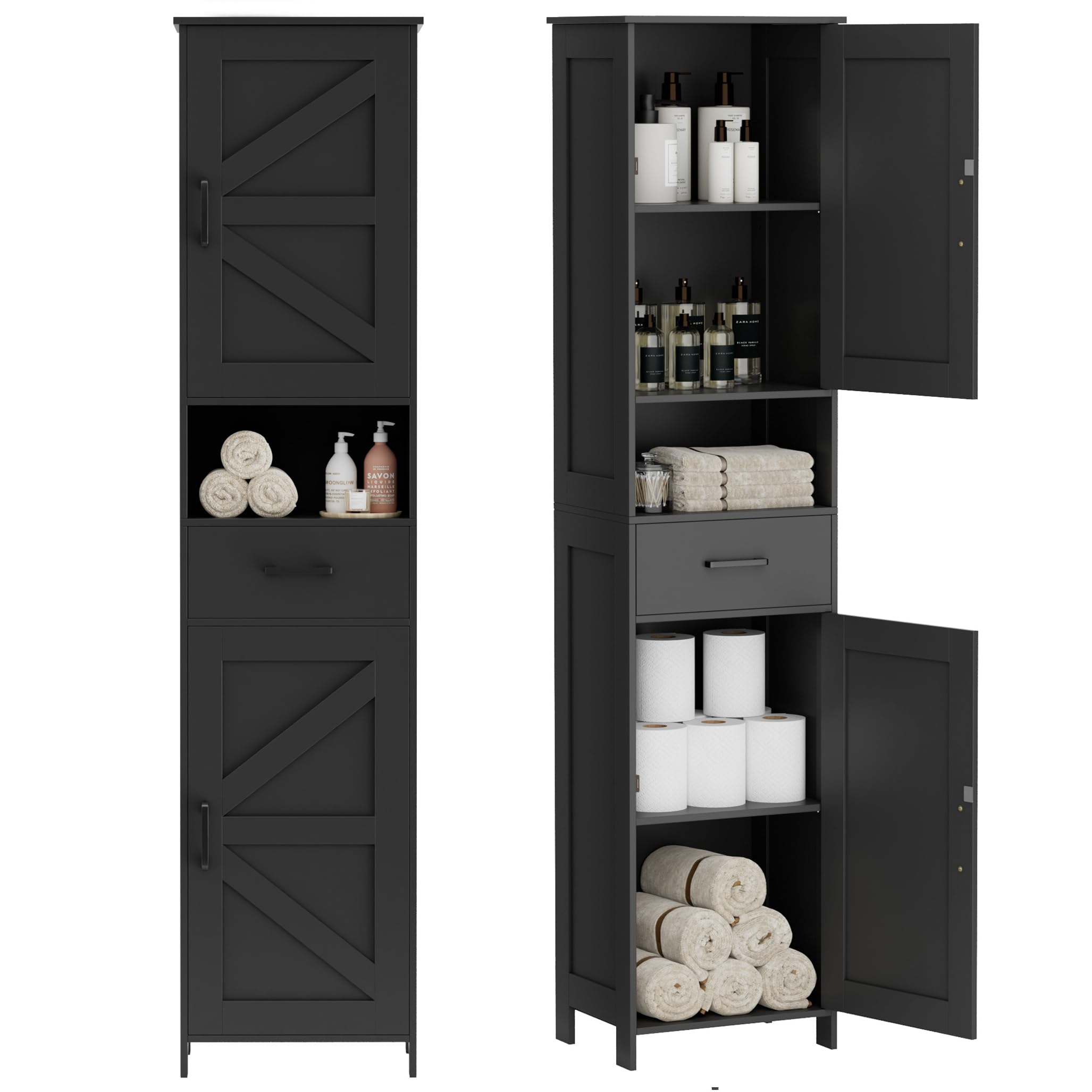 Homhedy 67 H Tall Bathroom Storage Cabinet with 2 Barn Doors and 1 Drawer,Storage Cabinet, Adjustable Shelves,Floor Cabinet for 