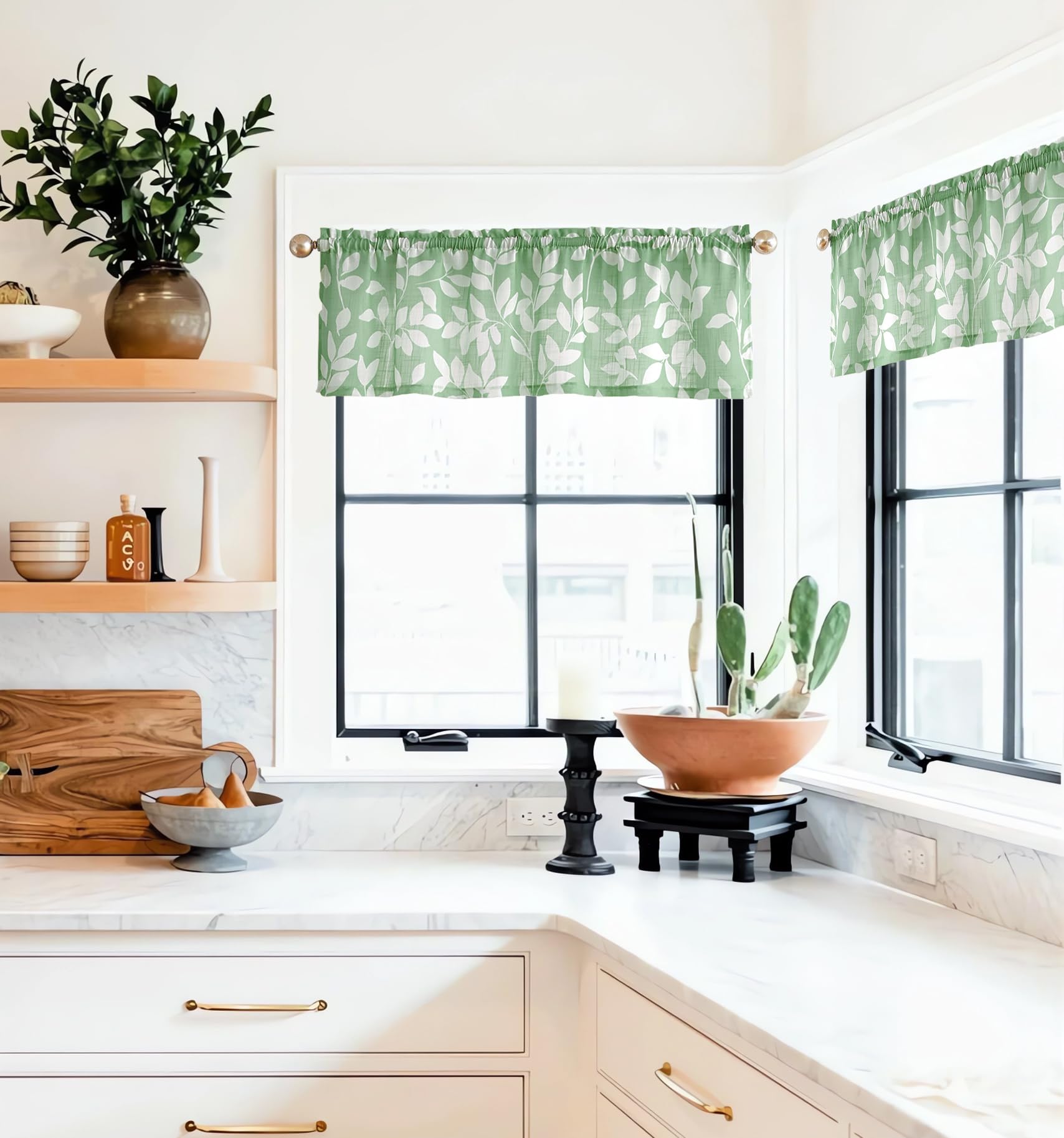 Treatmentex Valance Window Curtain 15 Leaf Print Kitchen Valances, Green and White, 52 w 1 Panel