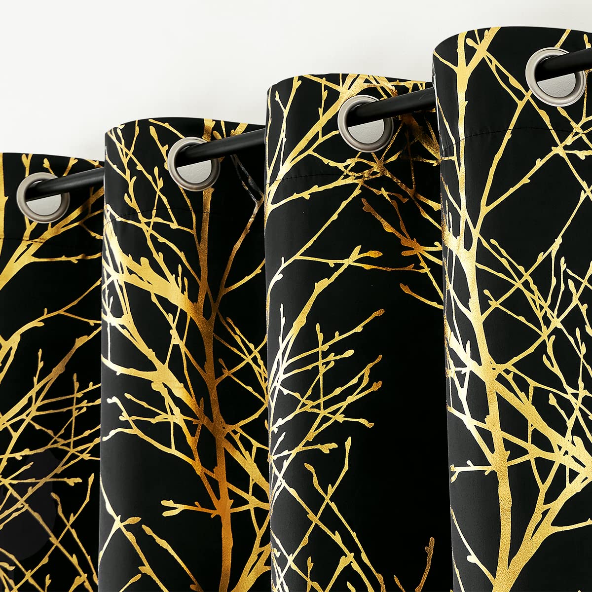 FMFUNCTEX Foil Black Blackout Curtains Bedroom Metallic Branch Pattern Window Panels for Living Room Modern Shiny Curtain Panels