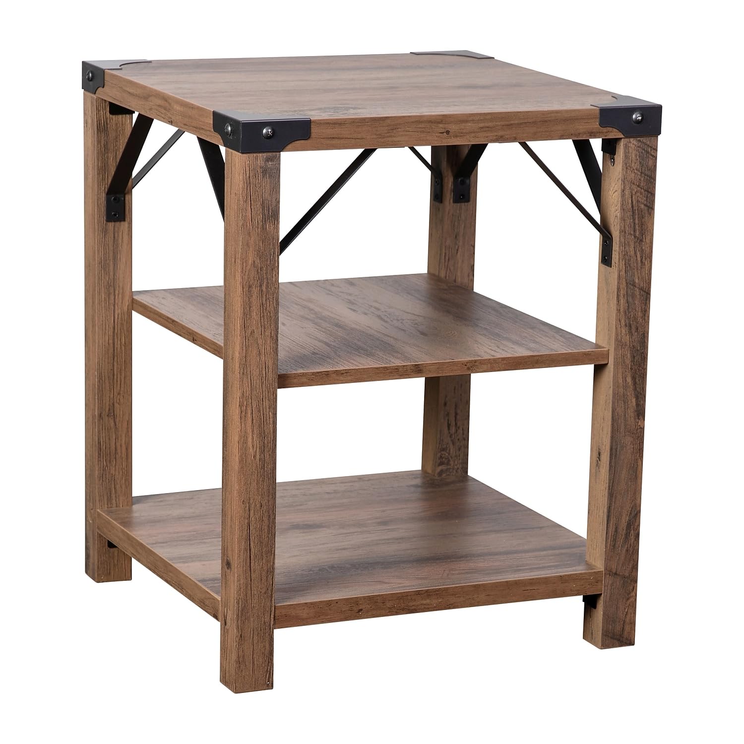 Flash Furniture Wyatt Modern Farmhouse 3 Tier Side Table - Rustic Oak Engineered Wood Frame - Black Metal Crisscross Side Braces