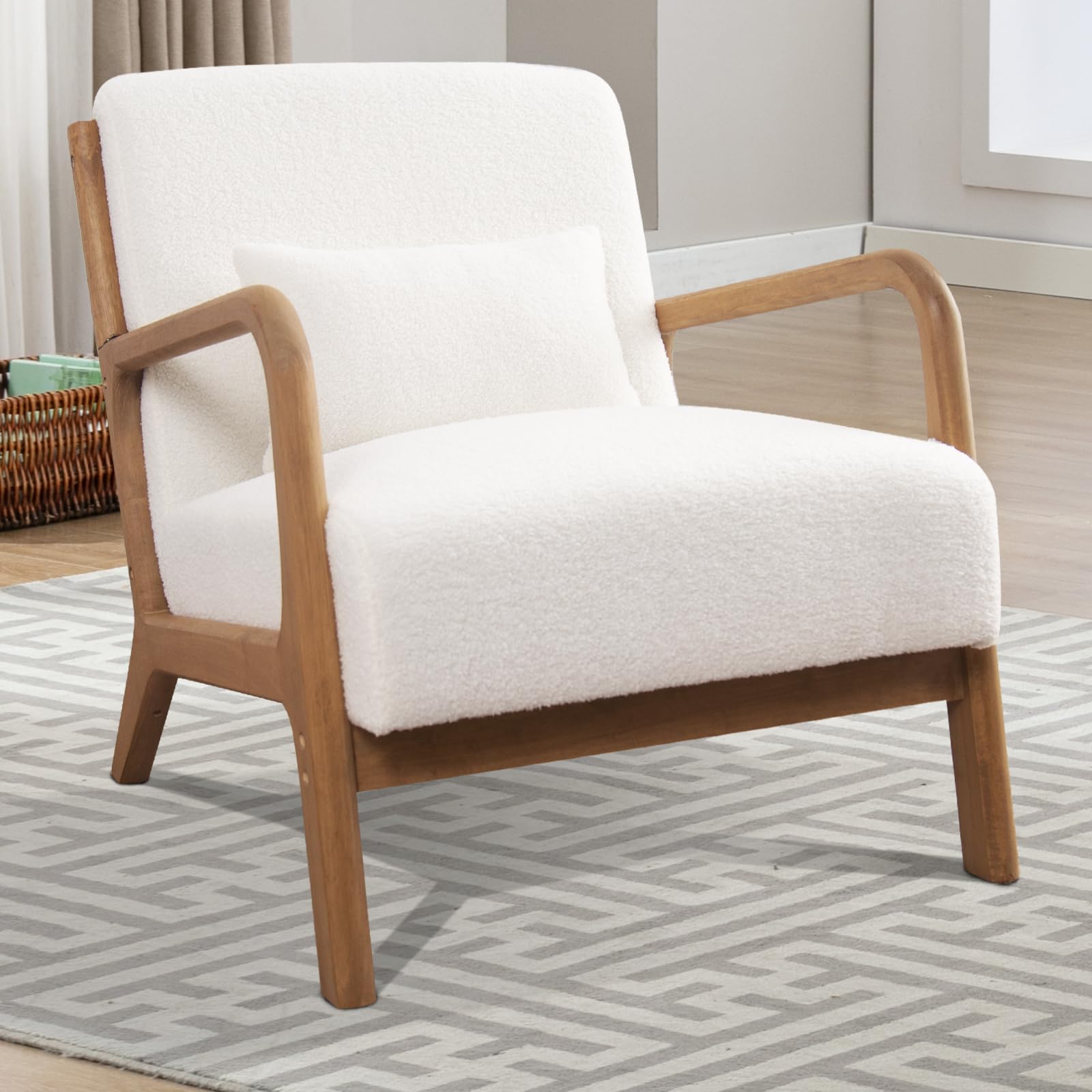 INZOY Mid Century Modern Accent Chair with Lamb Wool Fabric, Upholstered Living Room Chairs with Waist Cushion, Reading Armchair