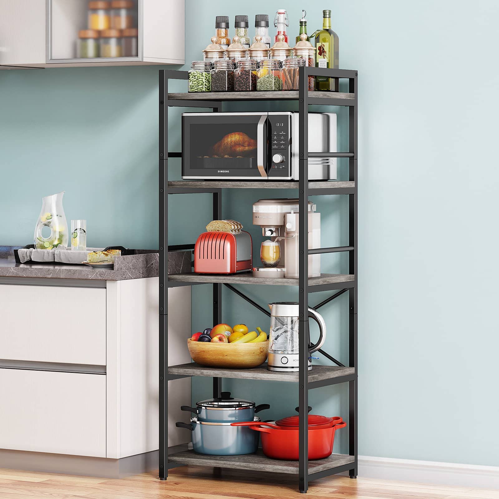 Denkee 5-Tier Bakers Rack for Kitchen with Storage, Industrial Microwave Stand Oven Shelf, Free Standing Kitchen Stand Storage S