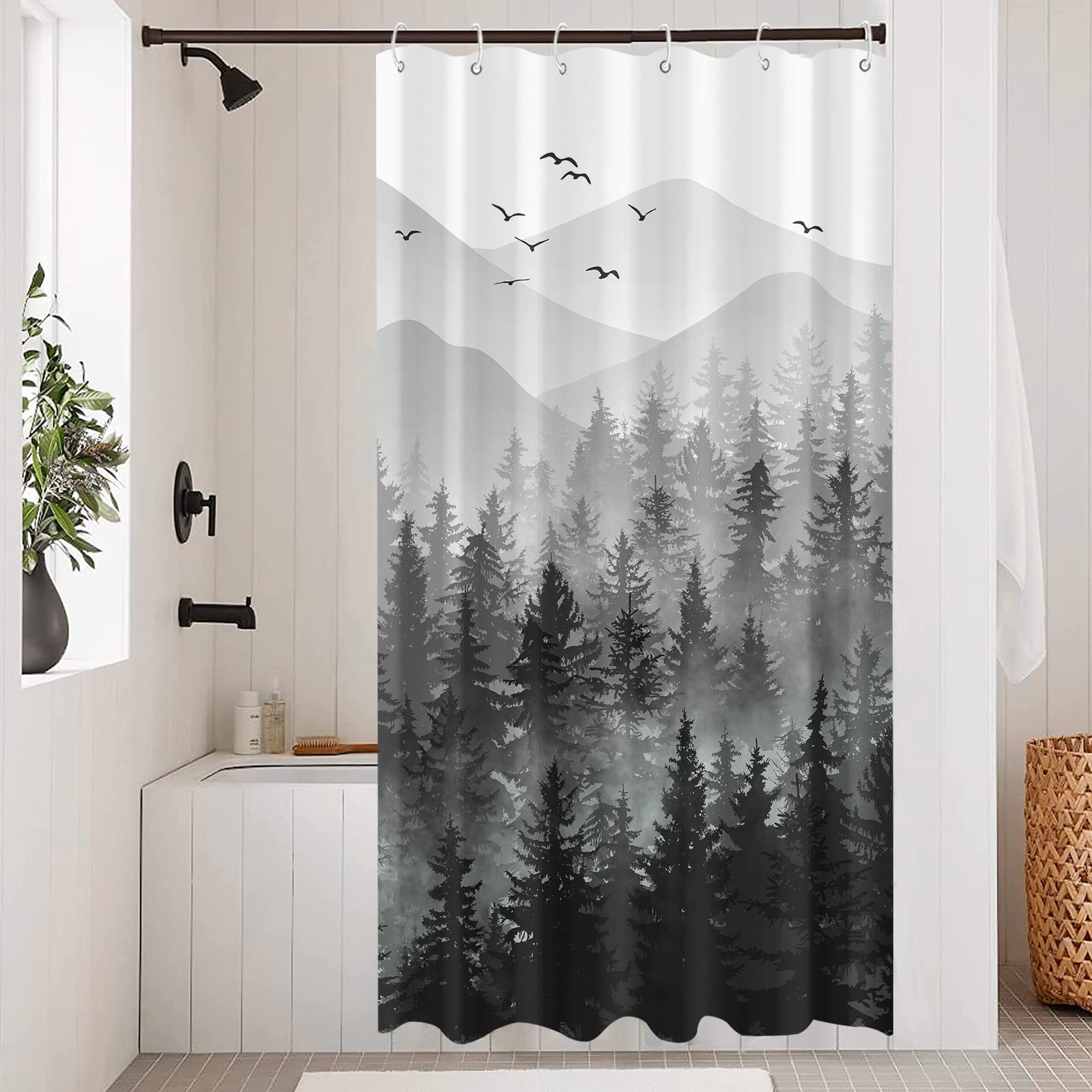 Stall Small Black and White Misty Forest Shower Curtain Ombre Gray Grey Mountain Pine Tree Waterproof Fabric Shower Curtains for