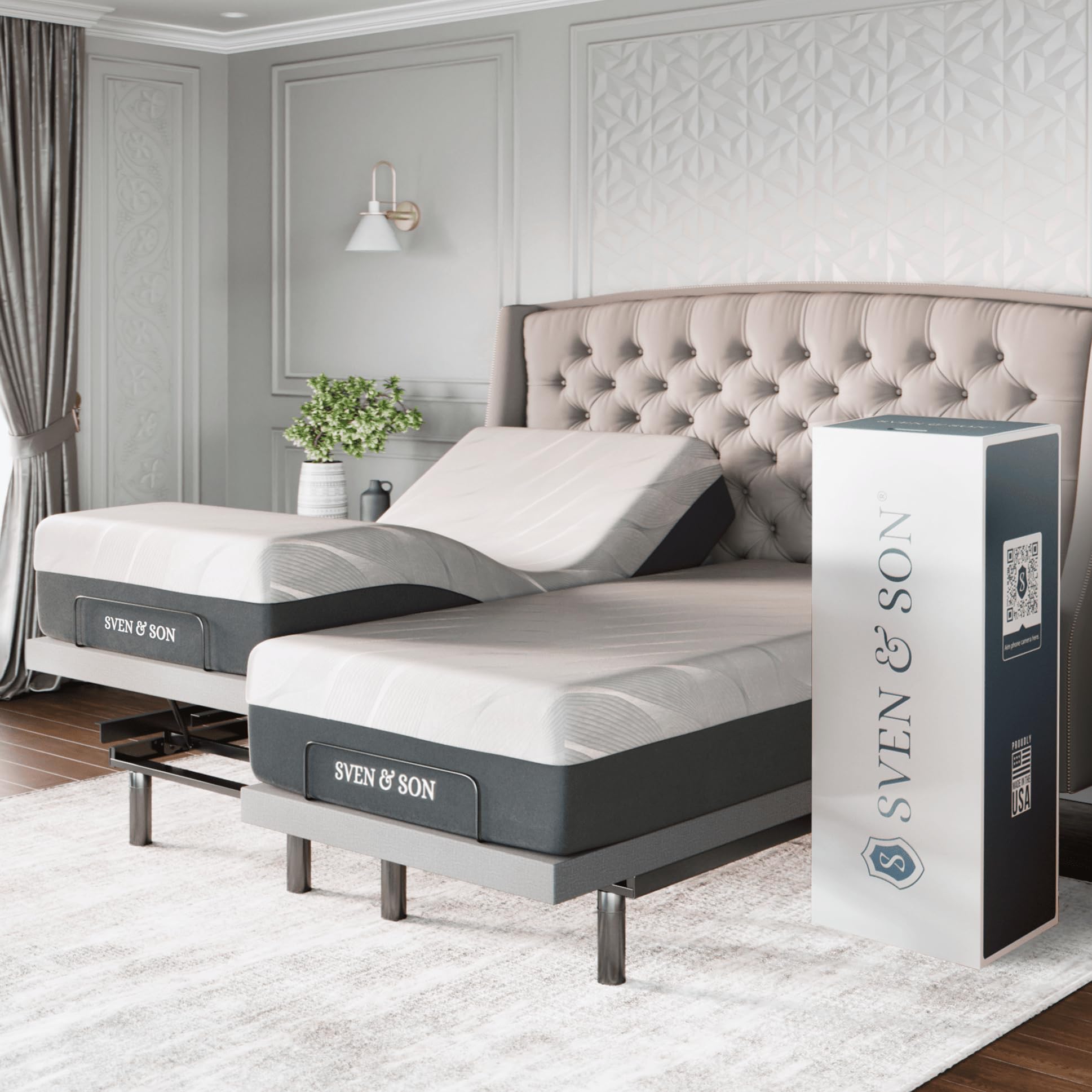 Sven & Son Platinum Adjustable Bed Base Frame + 14 inch Hybrid Spring Matt (Medium Soft), Lumbar Support, Head-Pillow-Tilt, Mass
