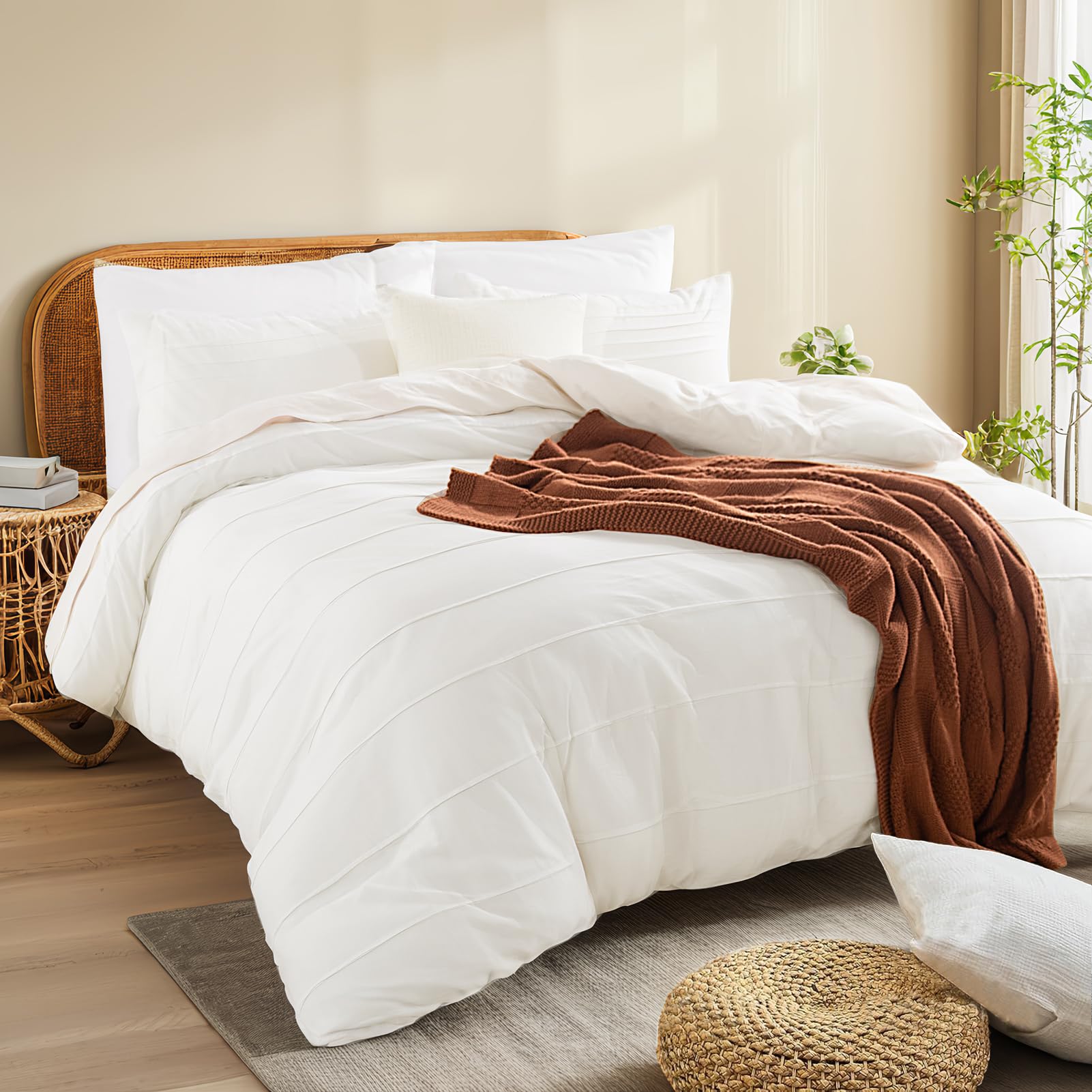 NEXHOME PRO 100% Organic Cotton Duvet Cover Oversized Queen Size, Linen Like Pleated Textured White Duvet Cover Set, 3pc Bedding