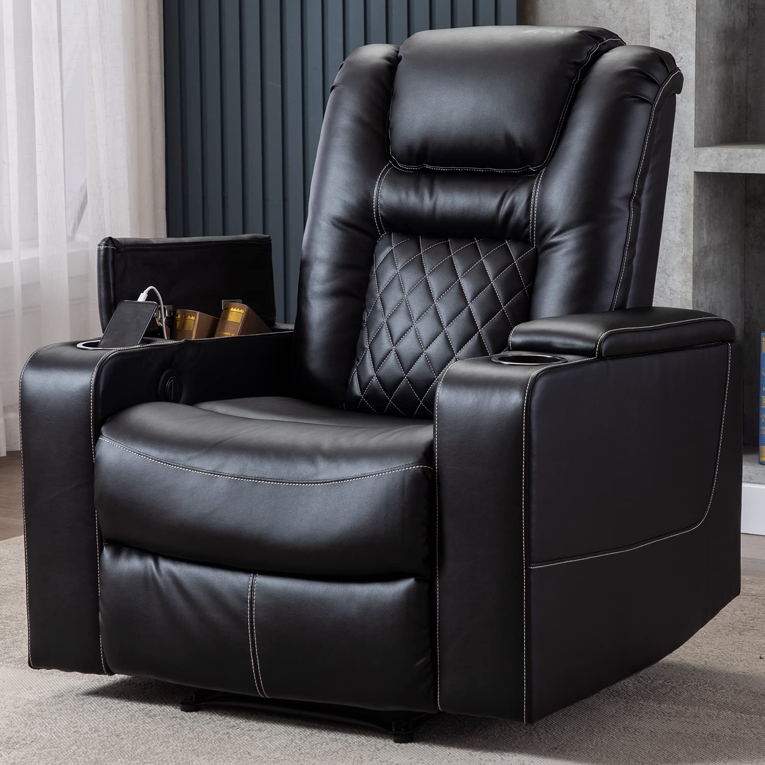 CANMOV Electric Power Recliner Chair with USB Ports and Cup Holders, Breathable Leather Home Theater Seating with Hidden Arm Sto