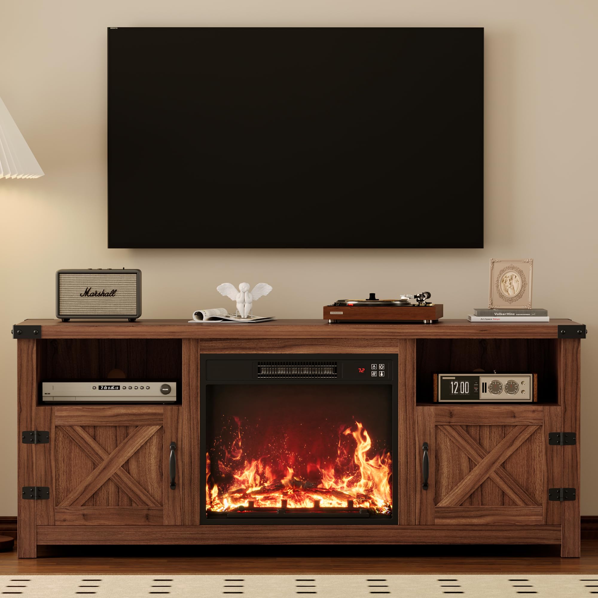 YESHOMY Fireplace TV Stand with Barn Doors and Open Display Shelf, Farmhouse Media Console with Hidden Cable Routing, Entertainm