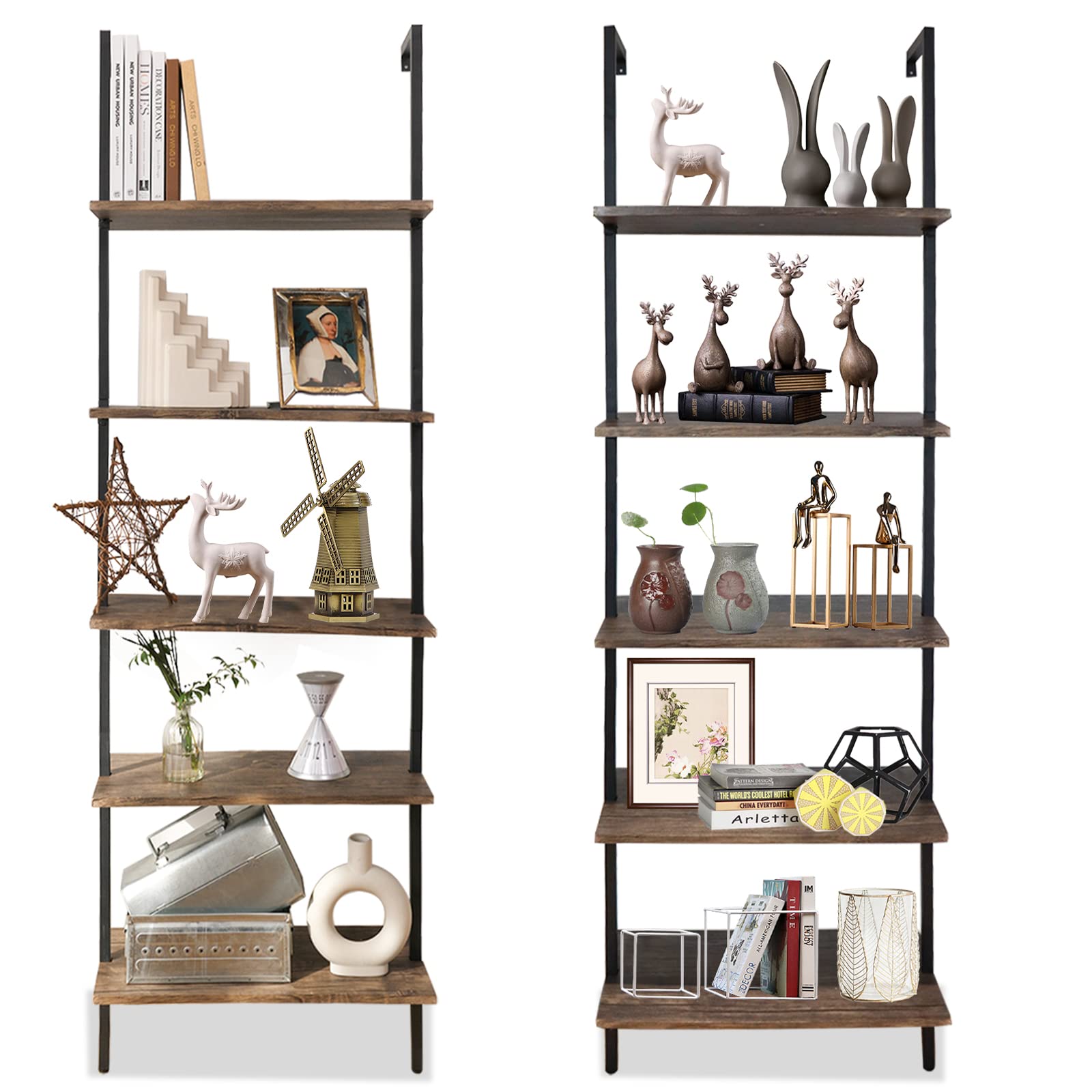 aboxoo Ladder Shelf 2PCS Open Bookshelf 5-Tier Wall-Mounted Wood Bookcase Rack Open Back Industrial Modern Plant Flower Stand Ut