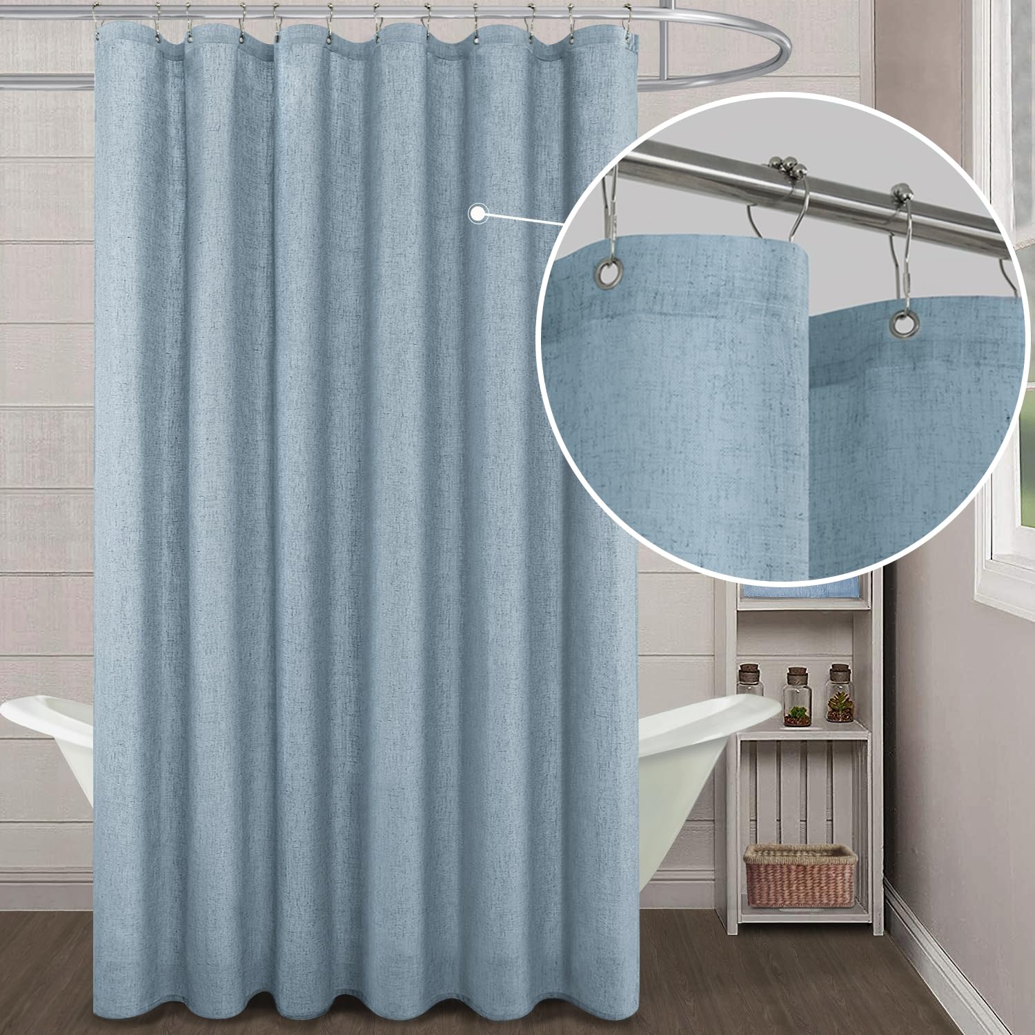 KOUFALL Stone Blue Waterproof Linen Fabric Shower Curtain for Bathroom 72x80 Inches Long