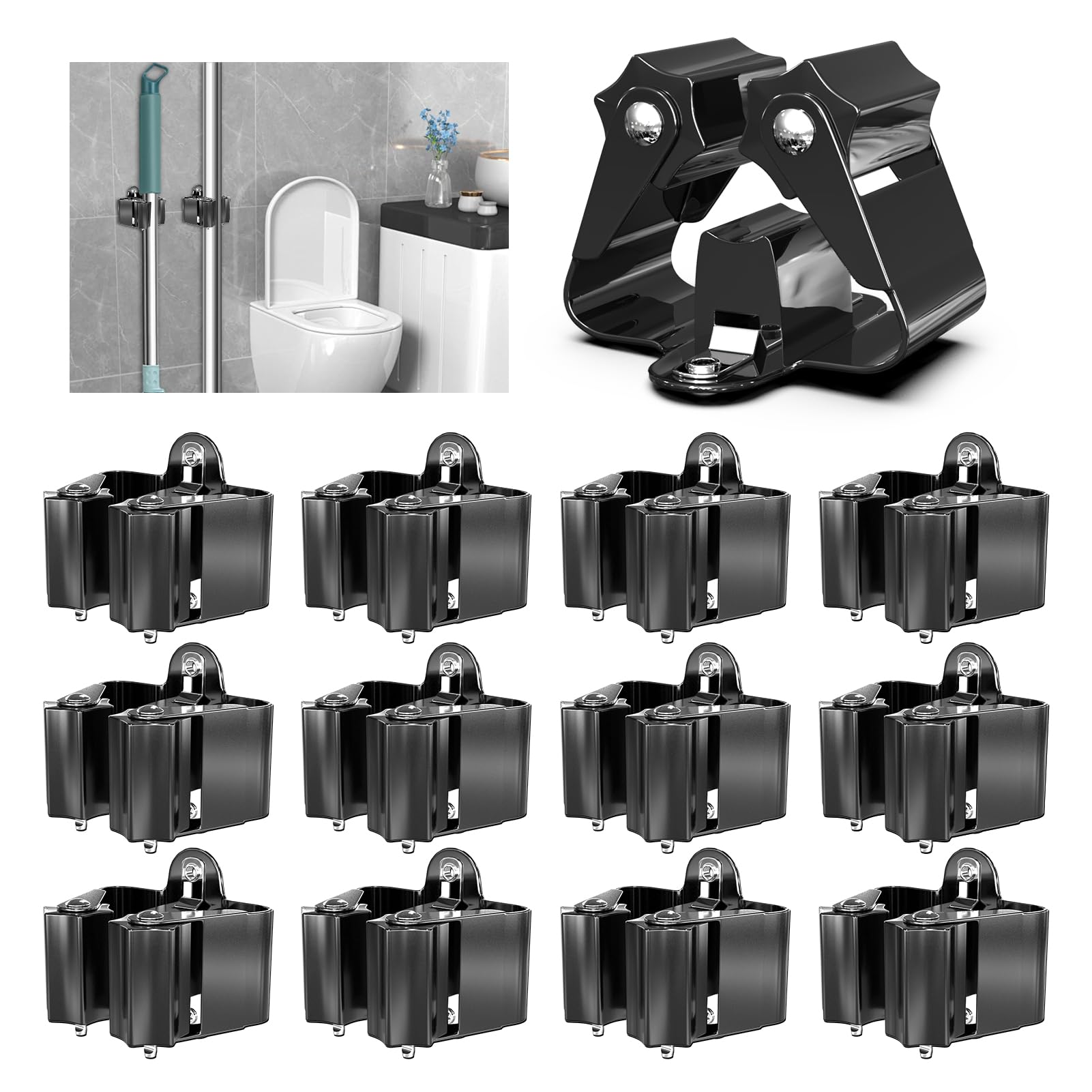 3-H Stainless Steel Broom Holder Wall Mount 12-Pack- Heavy Duty Mop Organizer, Wall Mounted Broom Storage with Secure Mounting f