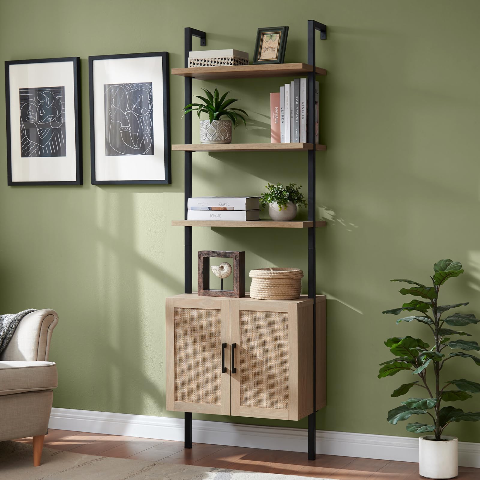 OAKHAM HOME 5 Tier Book Shelf, 73 Tall Bookshelf with Storage, Modern Bookcase with Shelves, Wall Mount Ladder Shelf with Steel 