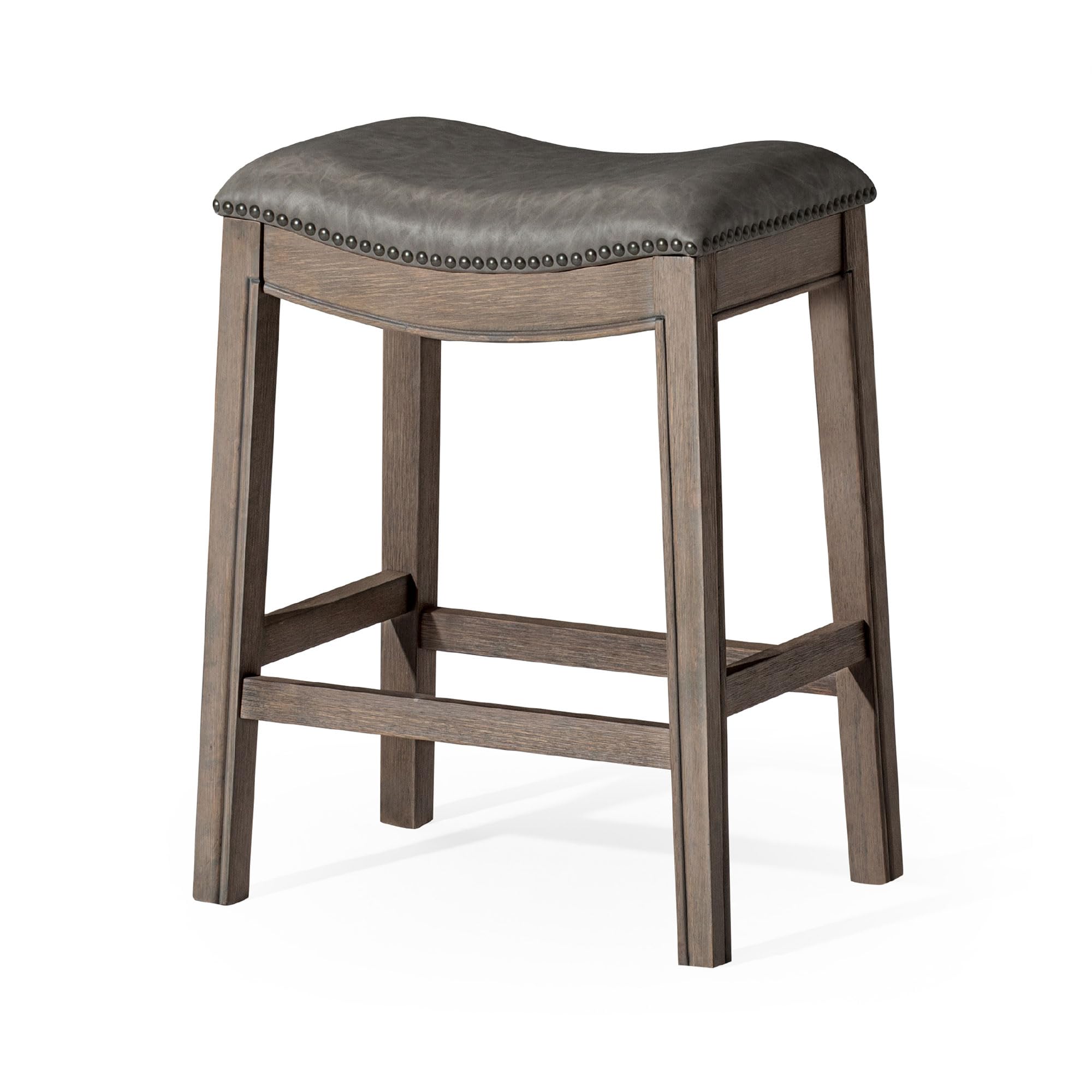 Maven Lane Adrien 26 Inch Counter Height Backless Saddle Barstool in Reclaimed Oak Finish with Ronan Stone Vegan Leather Cushion