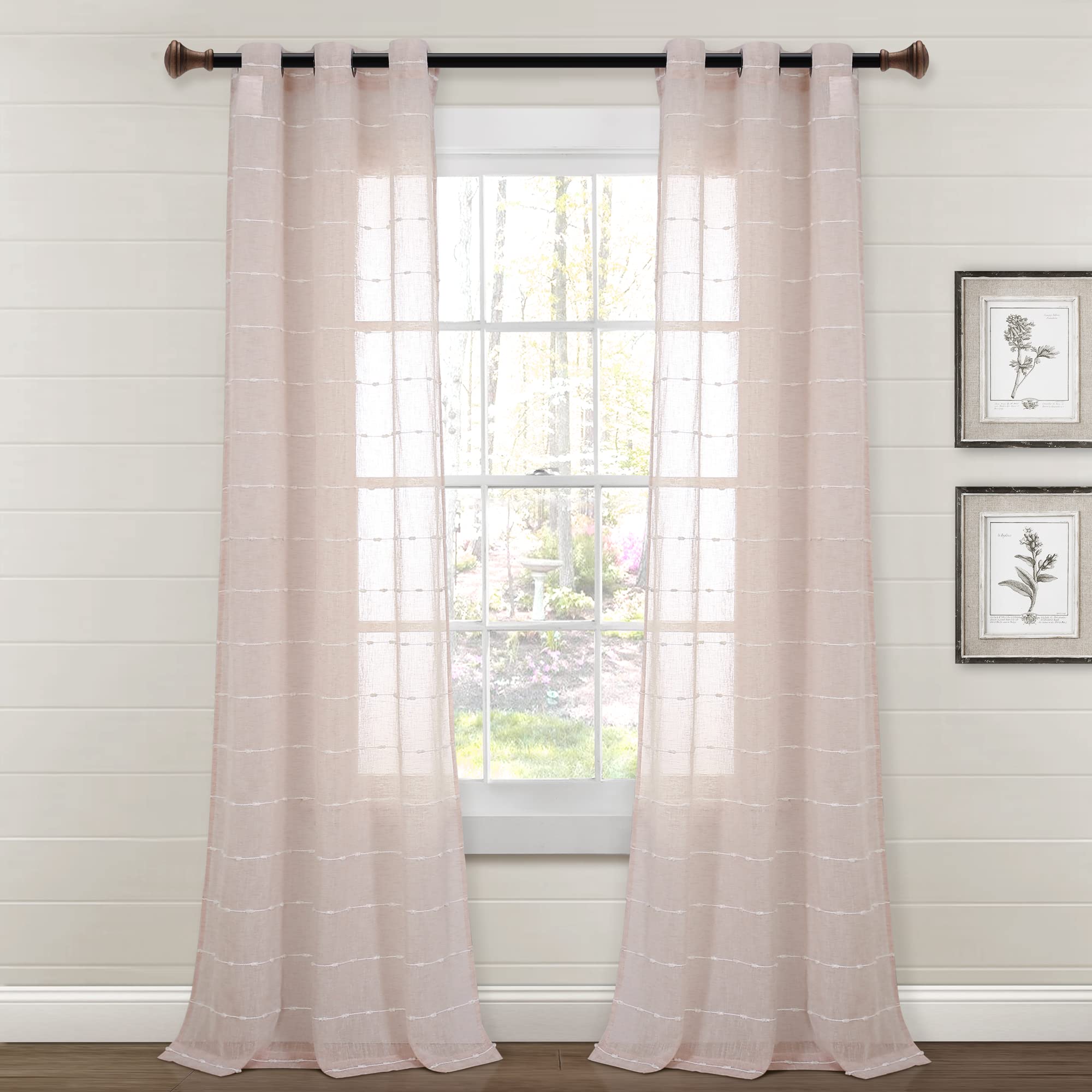 Lush Decor Farmhouse Textured Grommet Sheer Window Curtain Panel Pair, 38W x 84L, Blush