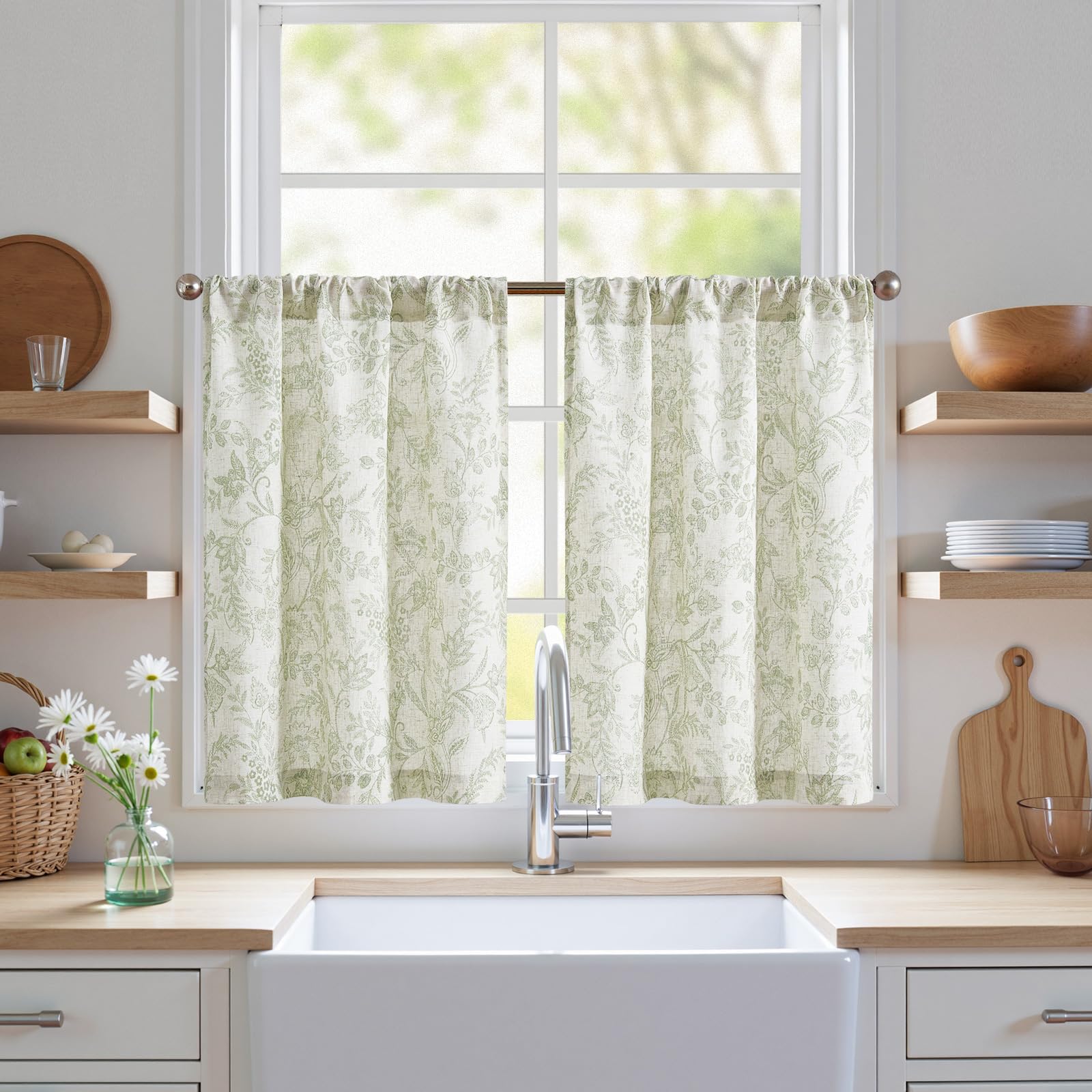 jinchan Floral Kitchen Curtains for Windows 30 Inch Farmhouse Linen Blend Tier Curtains Light Filtering Botanic Small Window Dra