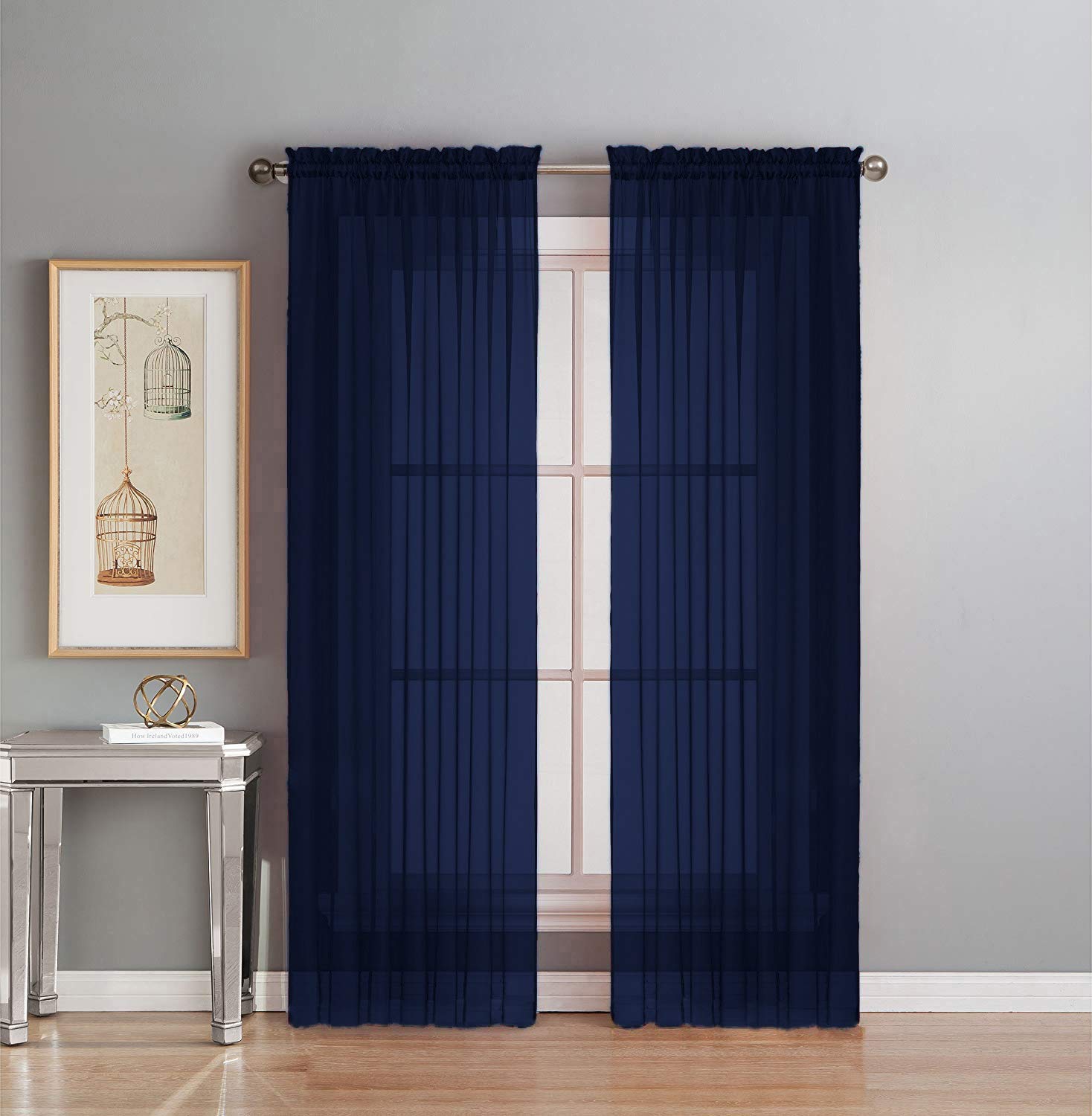 Interior Trends 2 Piece Fully Stitched Sheer Voile Window Panel Curtain Drape Set (84 Long, Navy Blue)
