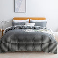 JELLYMONI 100% Natural Cotton 3pcs Striped Duvet Cover Sets, Dark Grey Duvet Cover with White Stripes Pattern Printed Comforter 