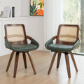 Set of 2 Green Rattan Dining Chairs - Mid Century Modern Dining Chairs with Walnut Bentwood Frame, Ergonomic Rattan Back, Curved