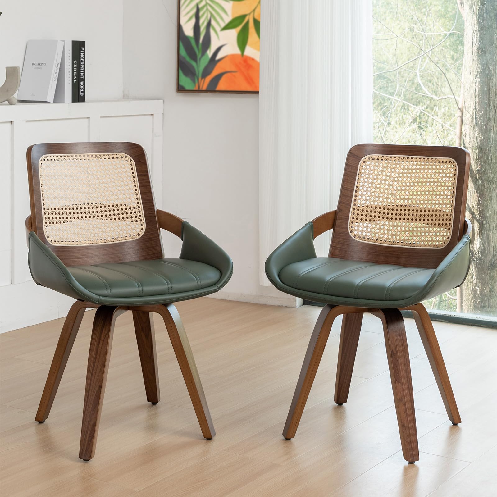 Set of 2 Green Rattan Dining Chairs - Mid Century Modern Dining Chairs with Walnut Bentwood Frame, Ergonomic Rattan Back, Curved
