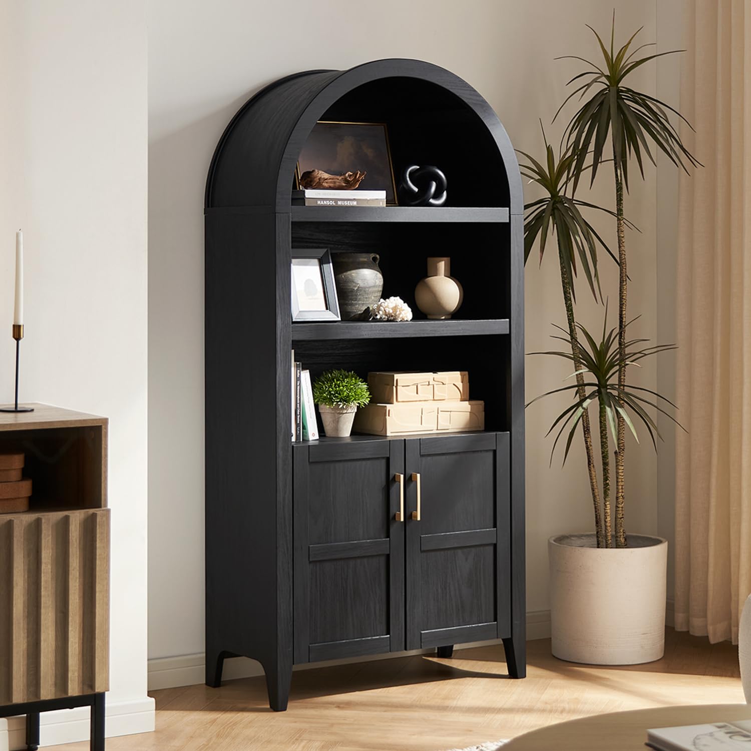 mopio Lauren 65.4  Short Arched Cabinet, 5-Tier Arched Bookcase with Doors and Shelves, Mini Arch Bookshelf with Storage, Wooden