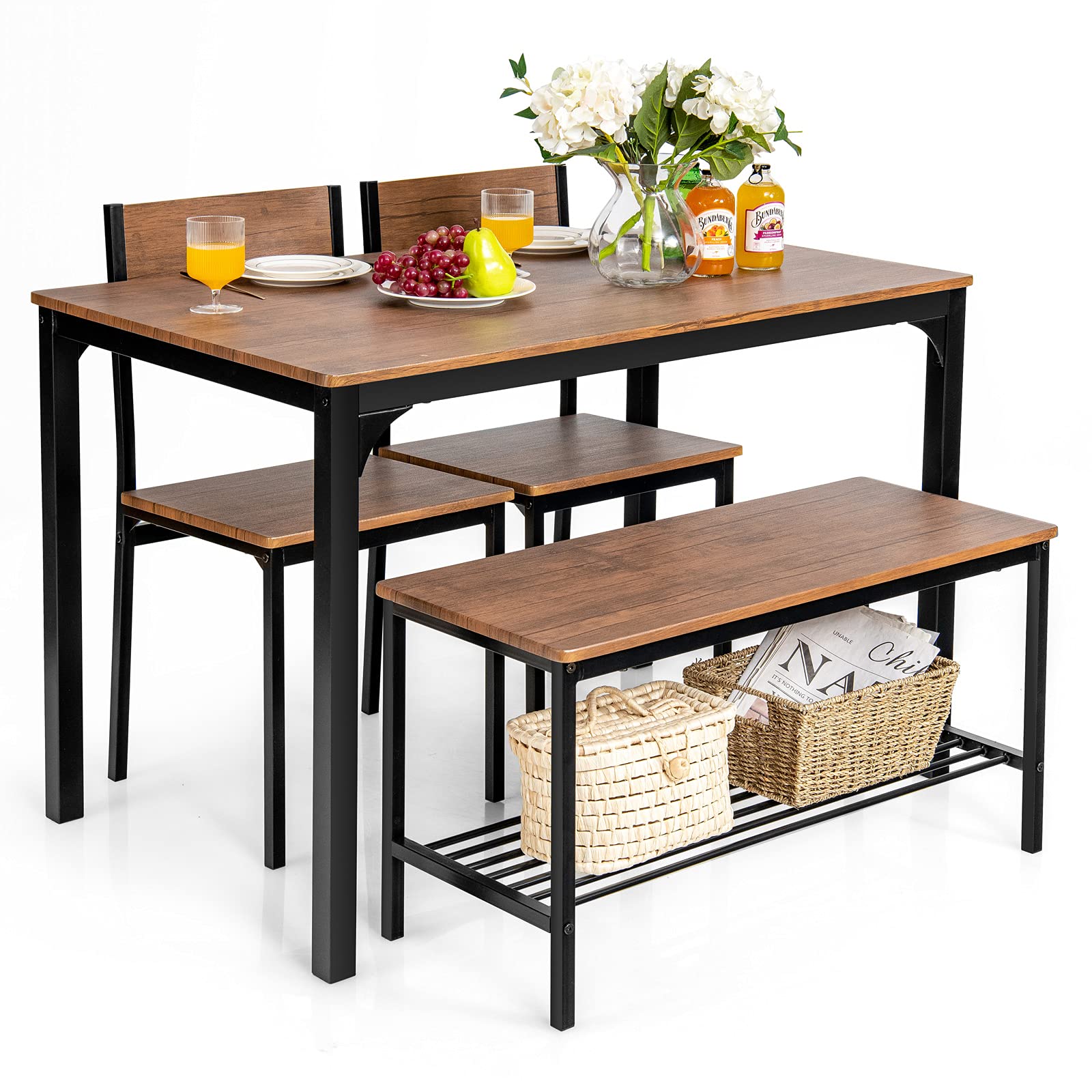 Giantex Dining Table Set for 4, 43  Kitchen Table and Chairs, Dining Bench with Metal Frame & Storage Rack, 4-Piece Modern Funct