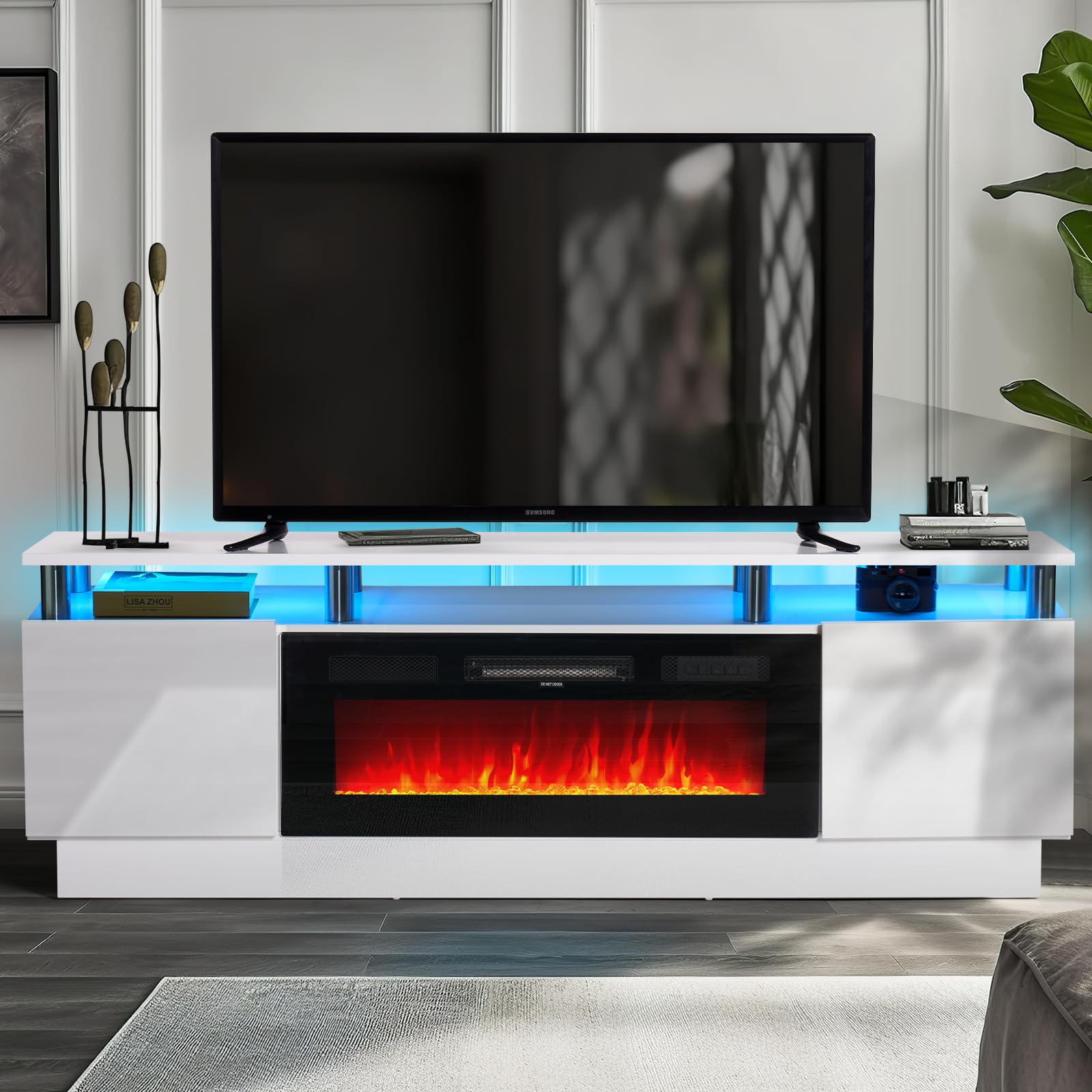 oneinmil Fireplace TV Stand with 36 Electric Fireplace,LED Light Entertainment Center,2 Tier TV Console Stand for TVs Up to 80,F