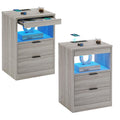 ADORNEVE LED Nightstands Set of 2, Grey Nightstand with Wireless Charging Station 2 Drawers, Modern Bedroom End Side Table with 