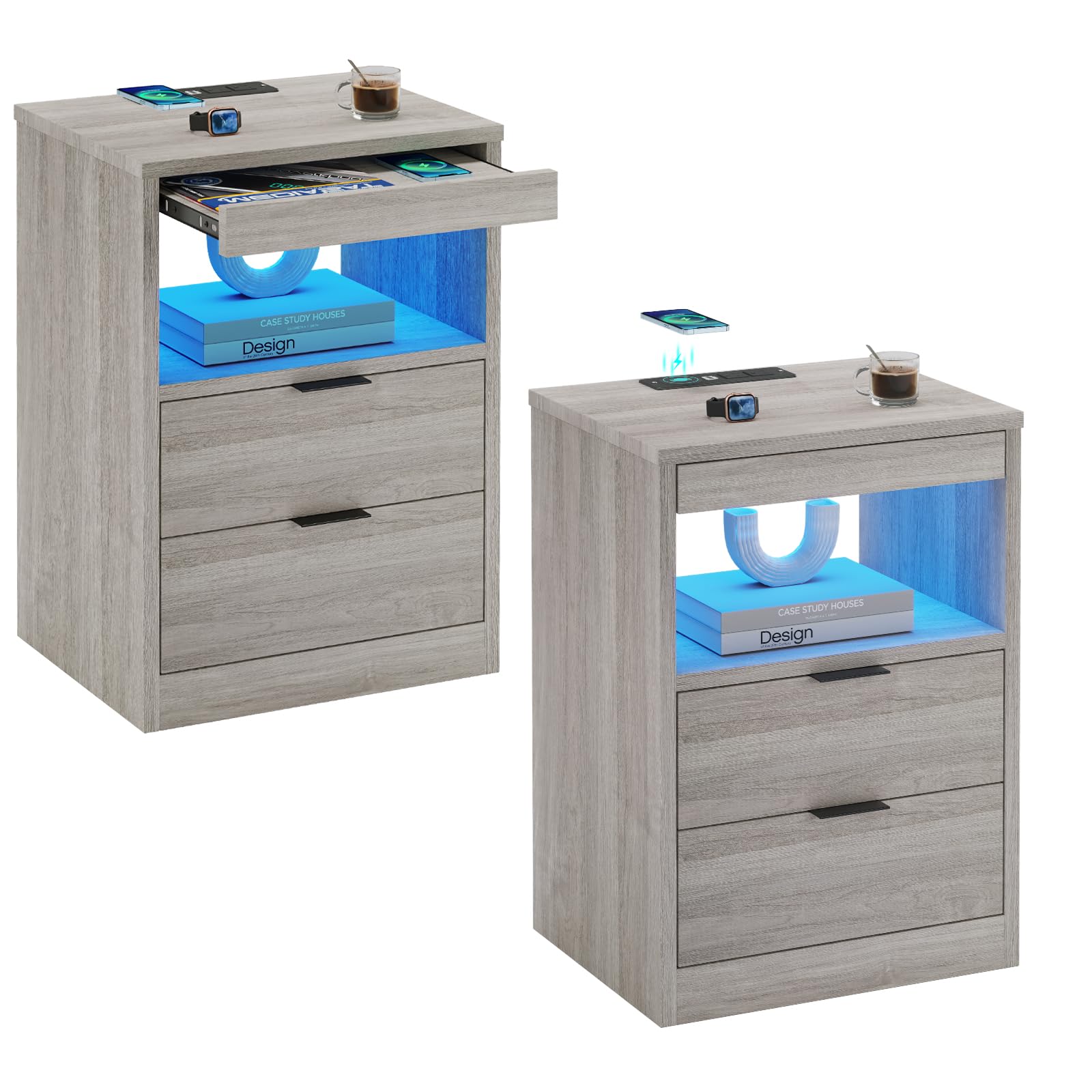 ADORNEVE LED Nightstands Set of 2, Grey Nightstand with Wireless Charging Station 2 Drawers, Modern Bedroom End Side Table with 