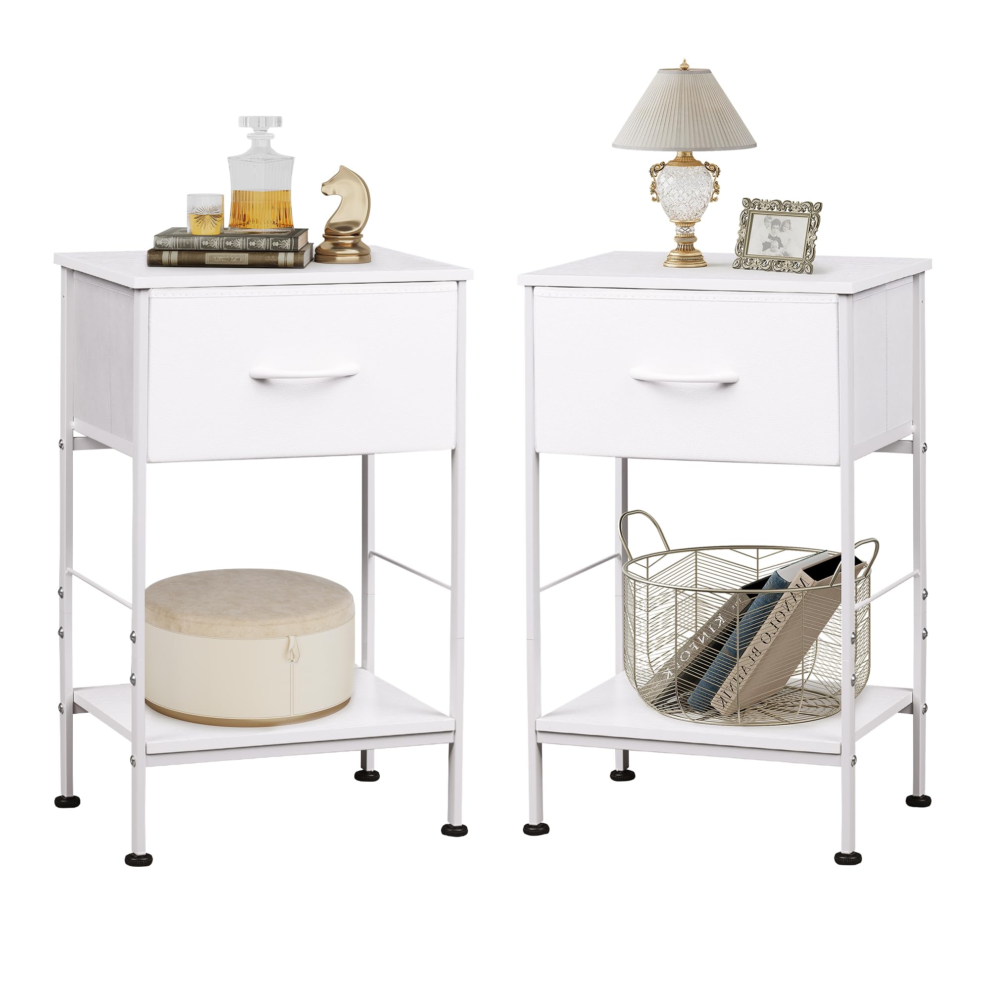 WLIVE Night Stand Set 2, White Nightstand with Fabric Storage Drawer and Open Wood Shelf, End Tables Dresser for Bedroom, Bed Si