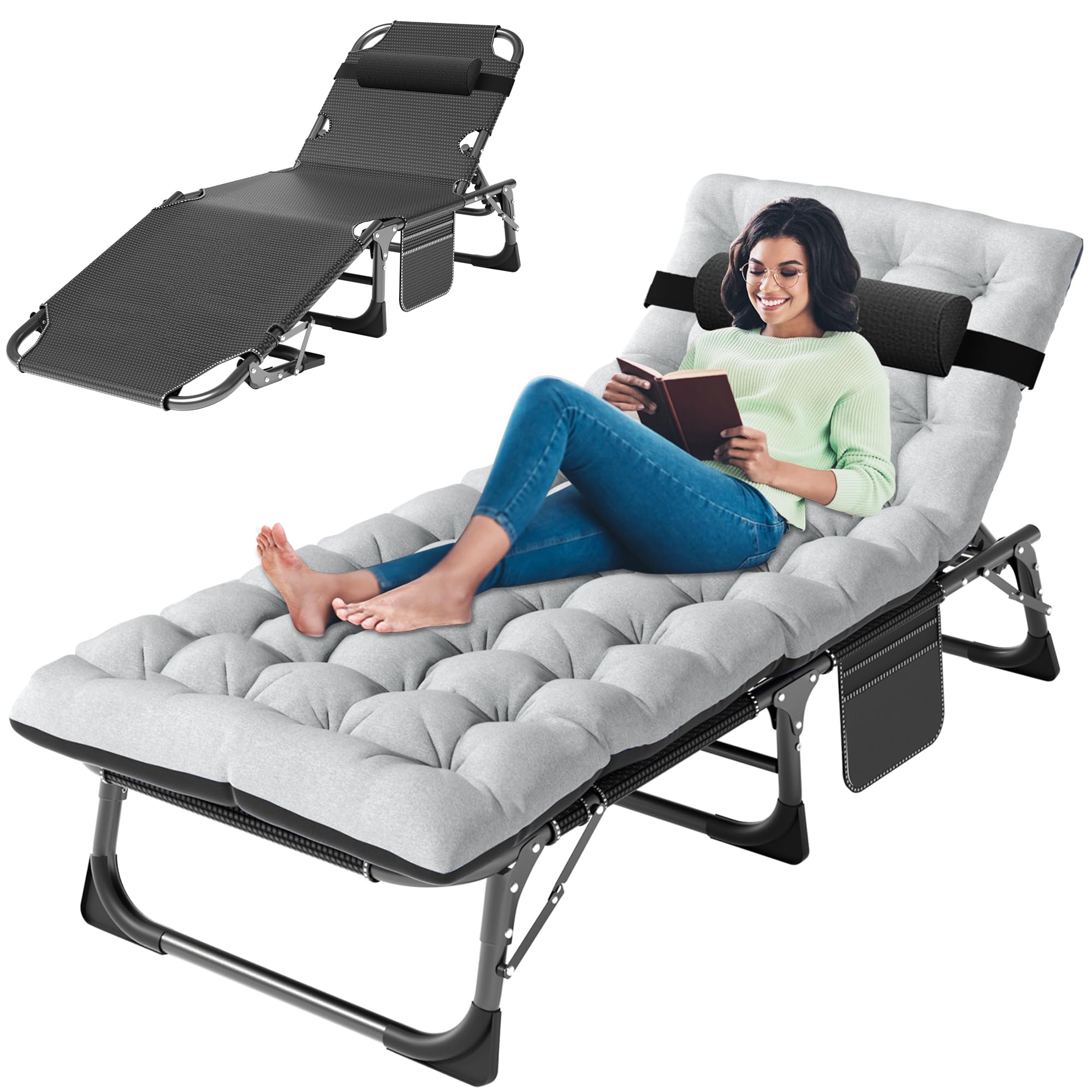 ABORON Patio Lounge Chair, Sun Tanning Bed, Folding Heavy Duty Chaise with 500LB Load Capacity, Adjustable Portable Chair for Ho