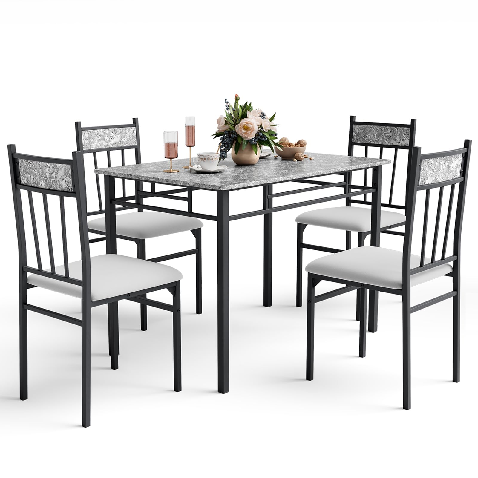 NAFORT 5 Piece Dining Table Set for 4, Faux Marble Kitchen Table and Chairs Set of 4, Vintage Rectangular Dining Room Table with