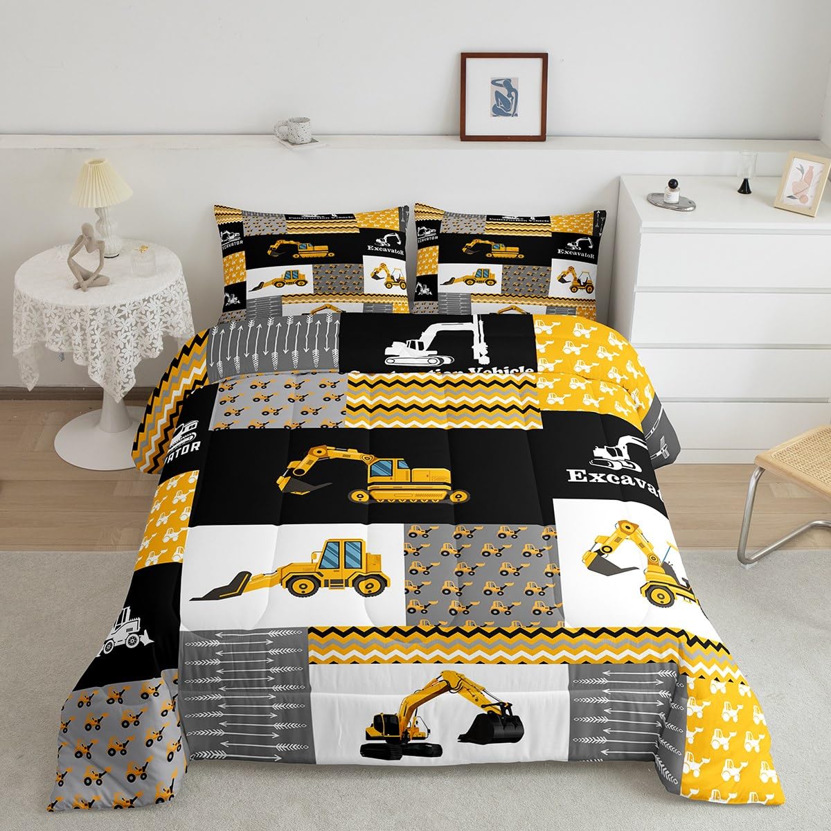 Feelyou Excavator Comforter Construction Vehicles Comforter Set Equipment Trucks Bedding Set for Children Kids Boys Girls Cartoo