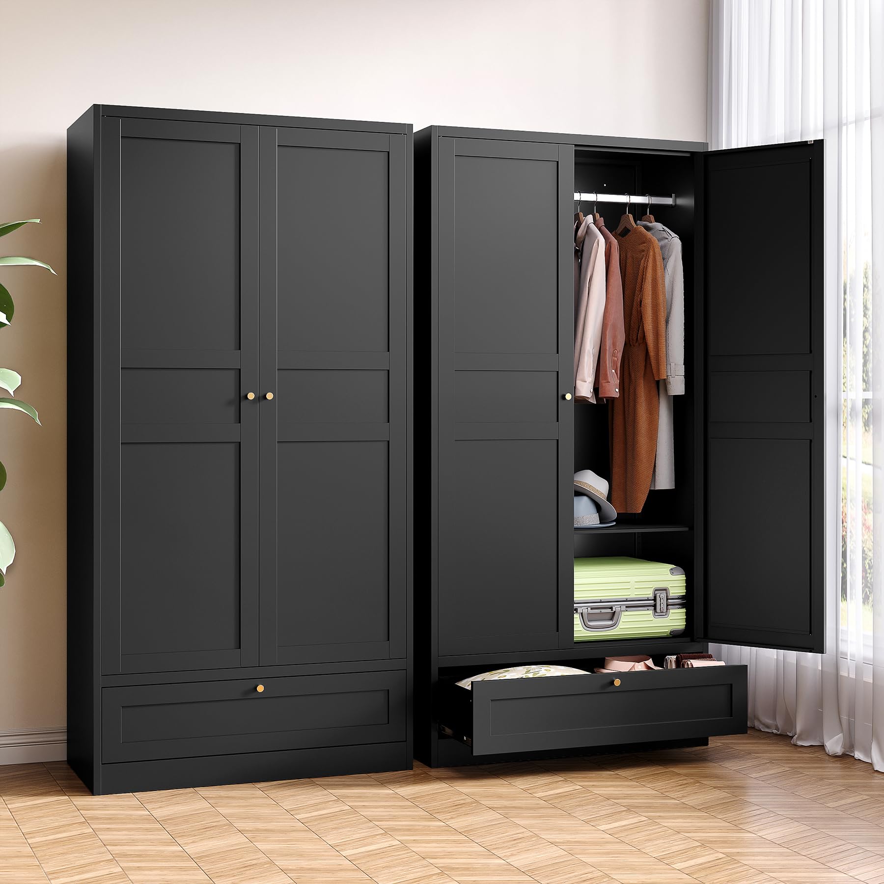 BYNSOE Metal Armoire Wardrobe Closet with 2 Doors 72 Wardrobe Cabinet with Drawers and Hanging Rail Metal Closet with Adjustab